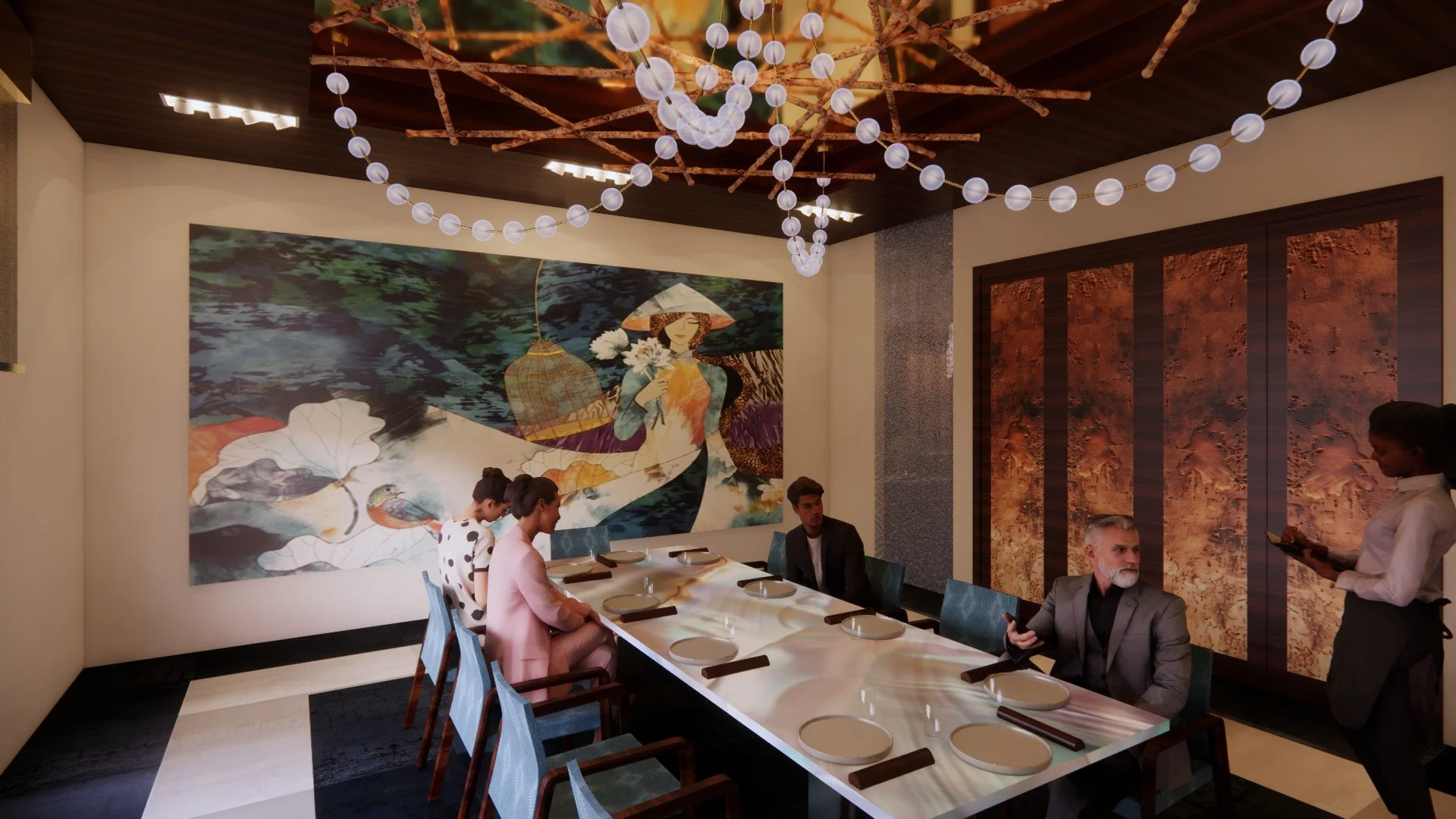 A restaurant interior with a long dining table set with plates and chopsticks, surrounded by several people. A large colorful painting of a woman with an umbrella and another of textured reddish-brown panels decorates the walls. Overhead, a chandelier made of twigs and round white lights hangs from the dark wooden ceiling.