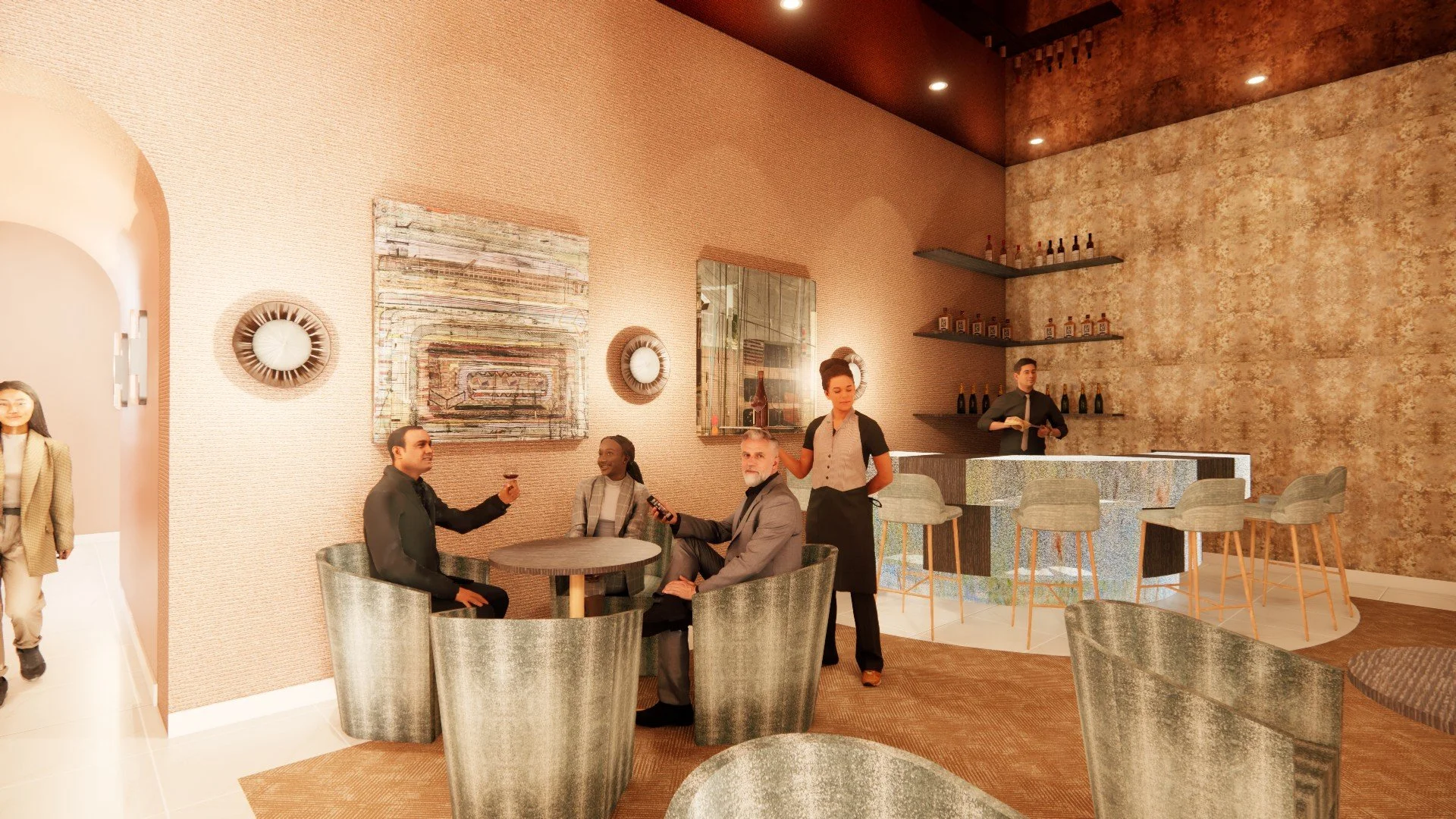 A group of four people seated around a table in a upscale bar or restaurant, with a bartender standing behind the counter. The setting features warm-toned walls, modern art, and shelves with bottles.