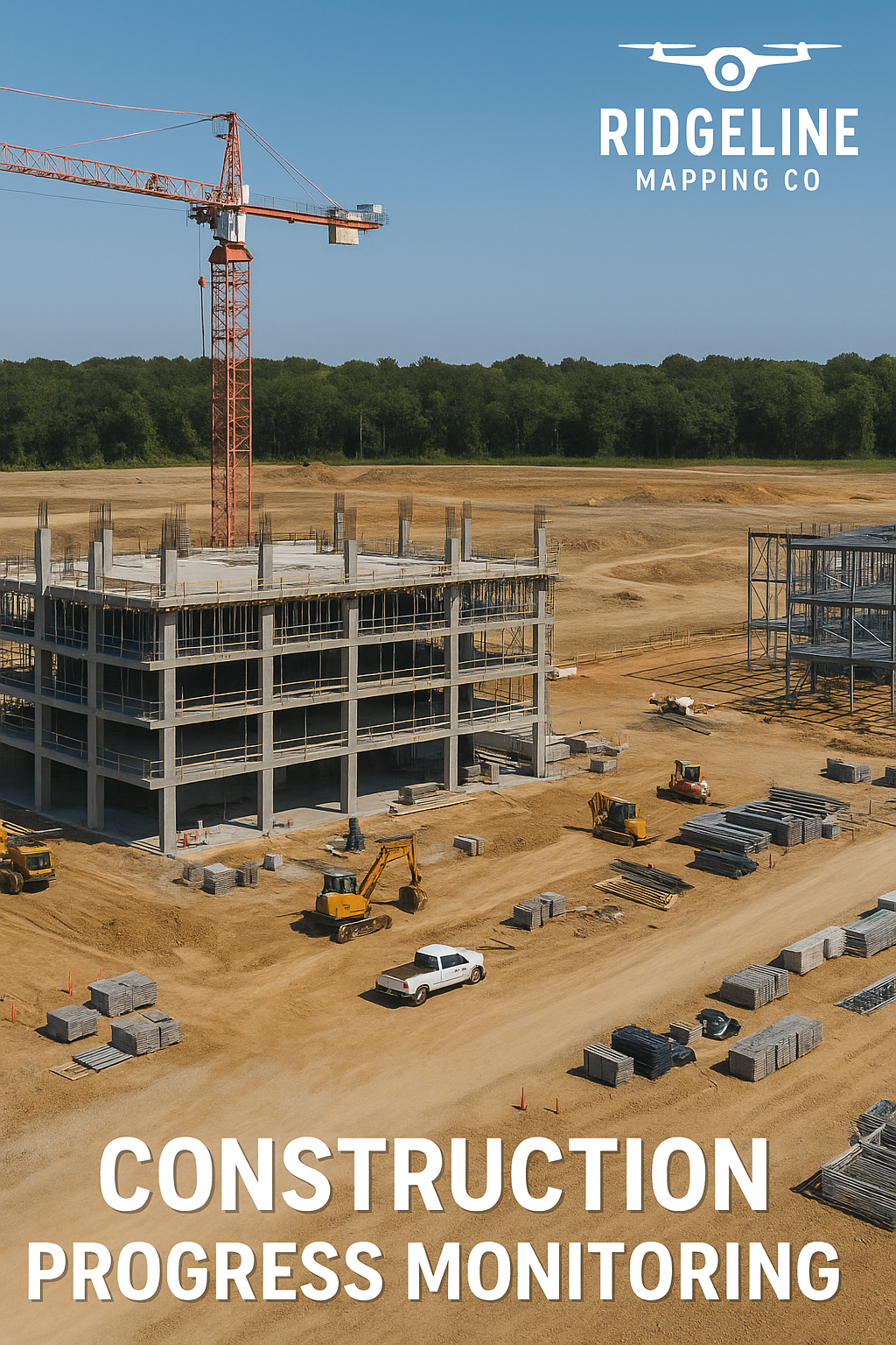 Aerial construction site monitoring photo captured by RidgeLine Mapping Co. drones providing real-time progress tracking, high-resolution site images, and accurate mapping data for contractors and developers