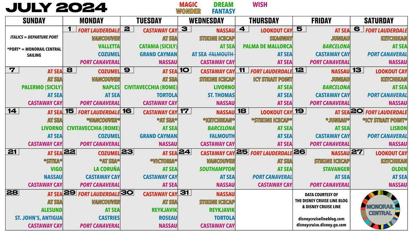 The July Sailing Schedule for @disneycruiseline 
.
We will be sailing onboard the Disney Wonder celebrating our Honeymoon for the 9-Night Alaskan Sailing!
.
Data courtesy of DCL &amp; @disneycruiselineblog