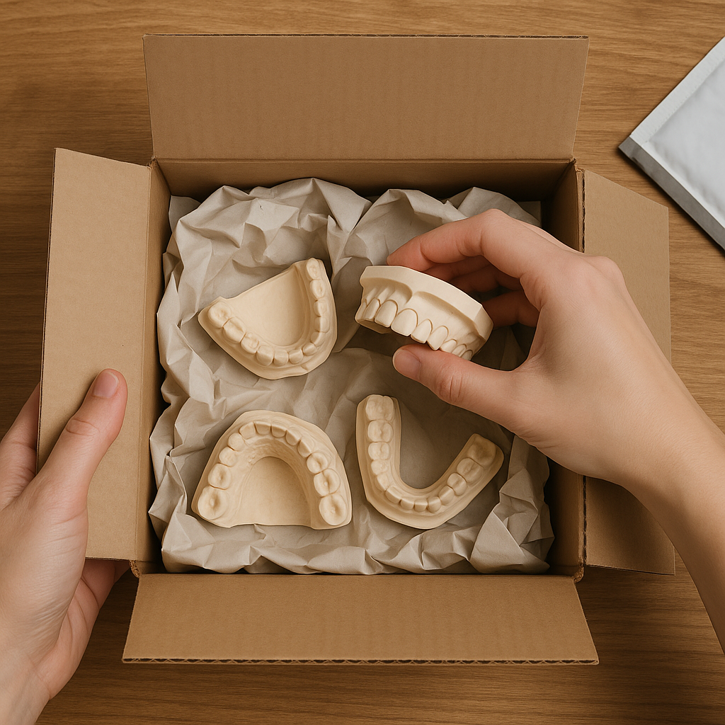 A person holding dental models of upper and lower teeth in a cardboard box on a wooden surface.