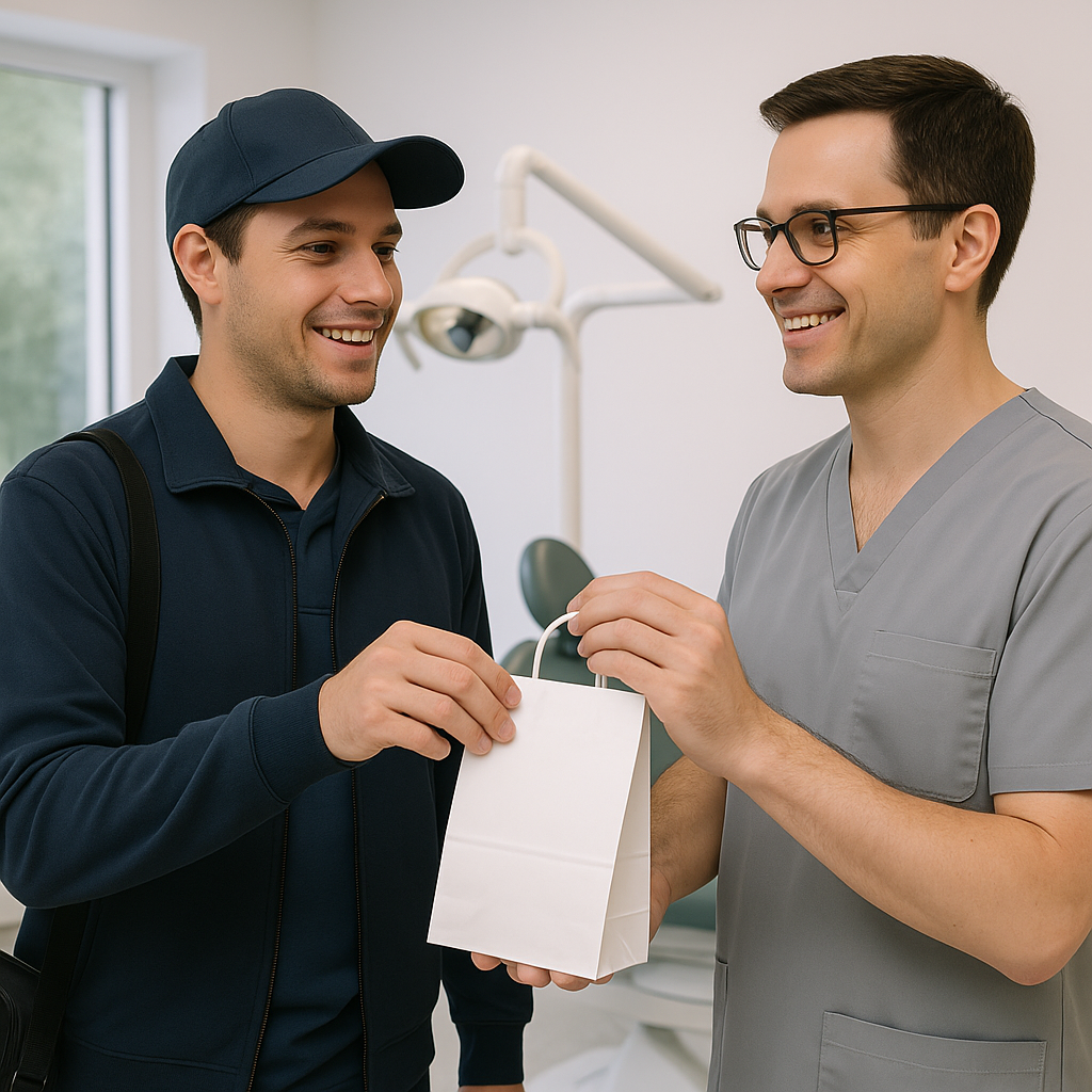A smiling delivery person hands a white paper bag to a smiling male healthcare worker with glasses, in a medical office.