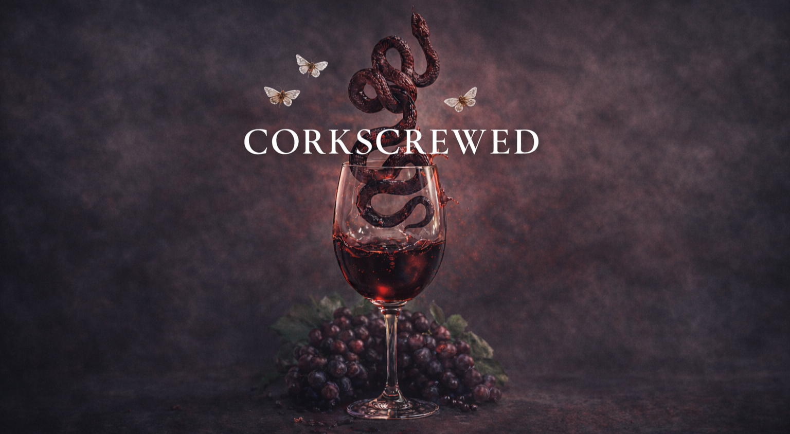 A wine glass with red wine, garnished with a snake, surrounded by grapes and butterflies, with the word 'CORKSCREWED' overlaid.