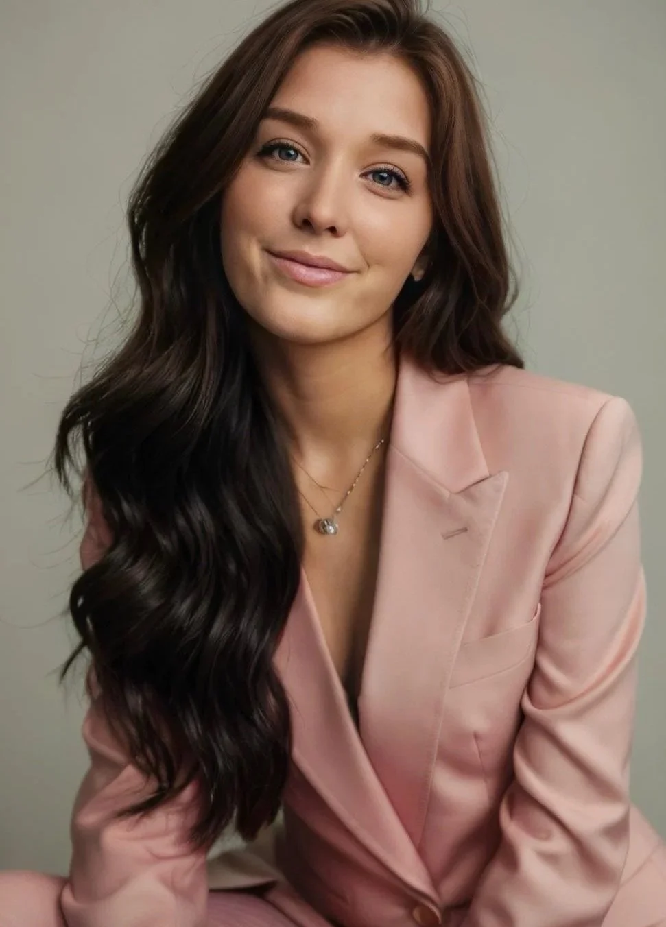 A young woman with long, wavy brown hair, blue eyes, and light skin, wearing a light pink blazer and a necklace with a pendant, smiling softly against a plain background.