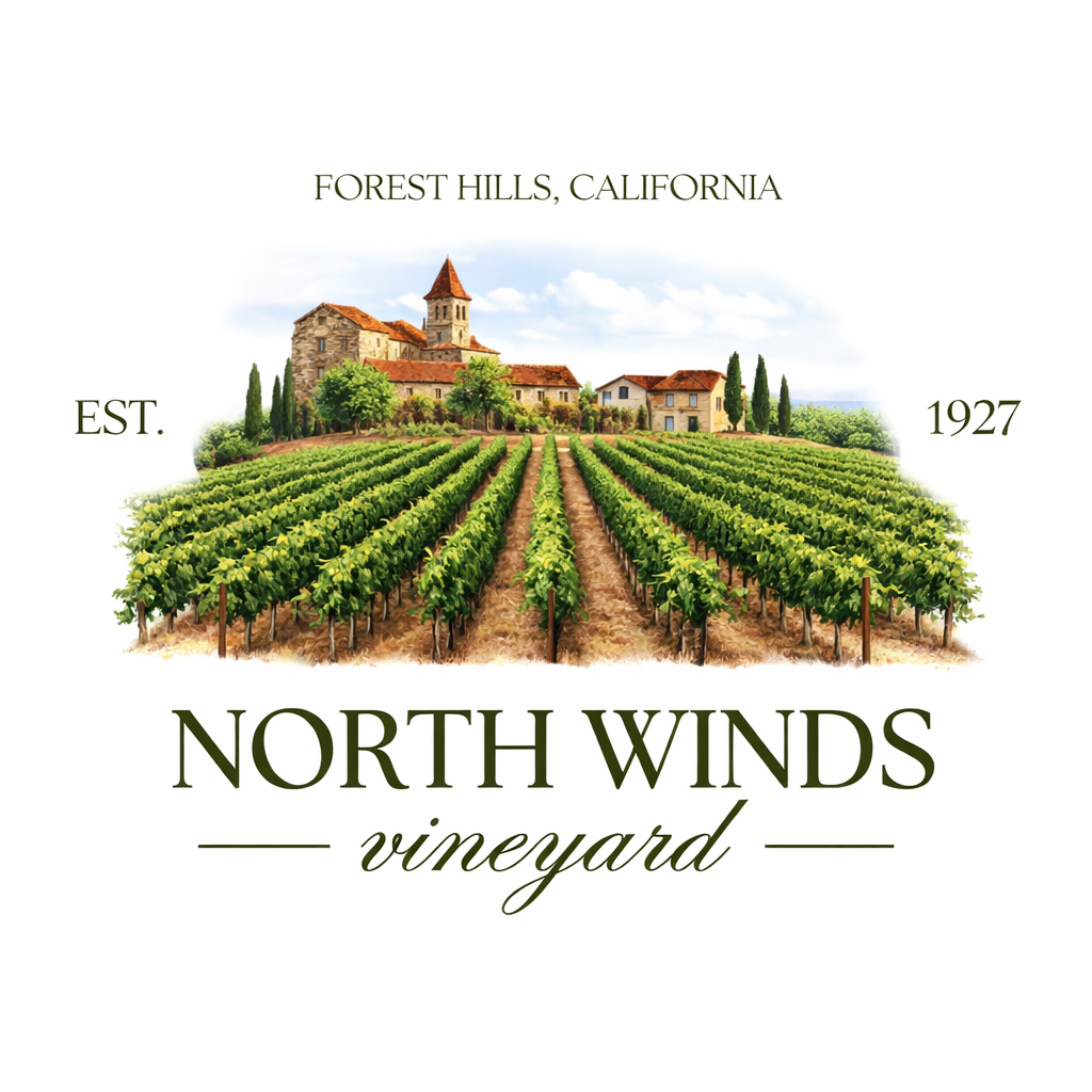 Vineyard landscape with rows of grapevines and a church-like building with a tower in the background, under a partly cloudy sky, with text overlay reading 'Forest Hills, California, Est. 1927, North Winds Vineyard.'