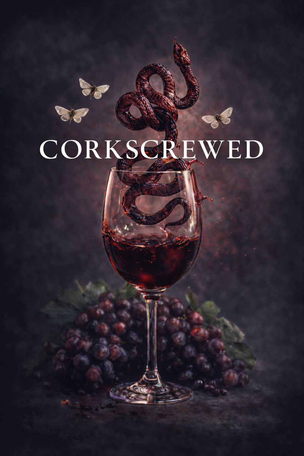 Glass of red wine with a snake-shaped corkscrew twisting above it, surrounded by bunches of grapes and three butterflies flying around.
