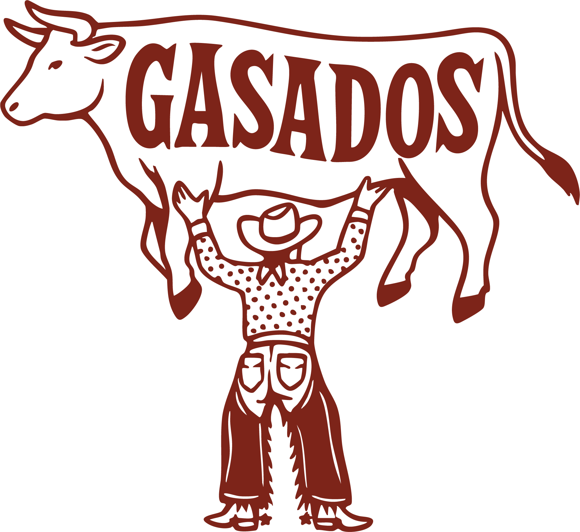 Disegno di un uomo con cappello e camicia a maniche lunghe che solleva una mucca con il nome 'Gasados' scritto al suo interno.