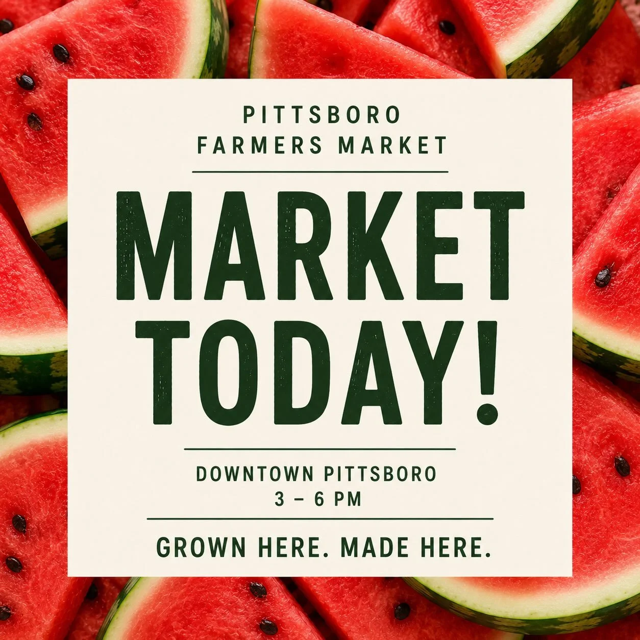 Watermelon, okra, fresh bread, local cheese, and plenty more headed to Downtown Pittsboro this afternoon. 🍉

Come see what&rsquo;s in season, stock up for the weekend, and say hi to your favorite vendors.

We&rsquo;re here 3&ndash;6 PM today!

#pitt