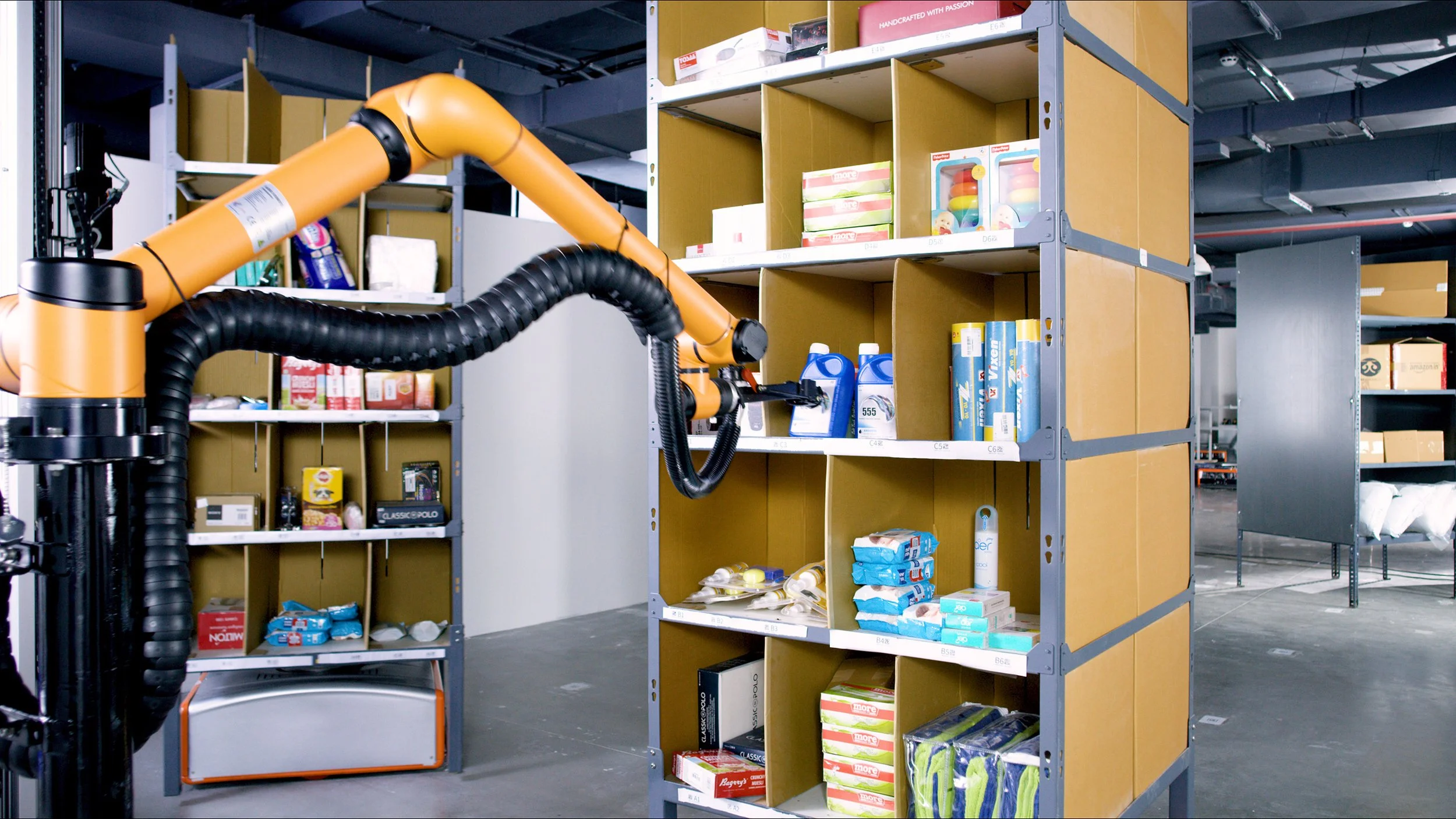 Automated robotic arm organizing warehouse shelves with various packaged products.