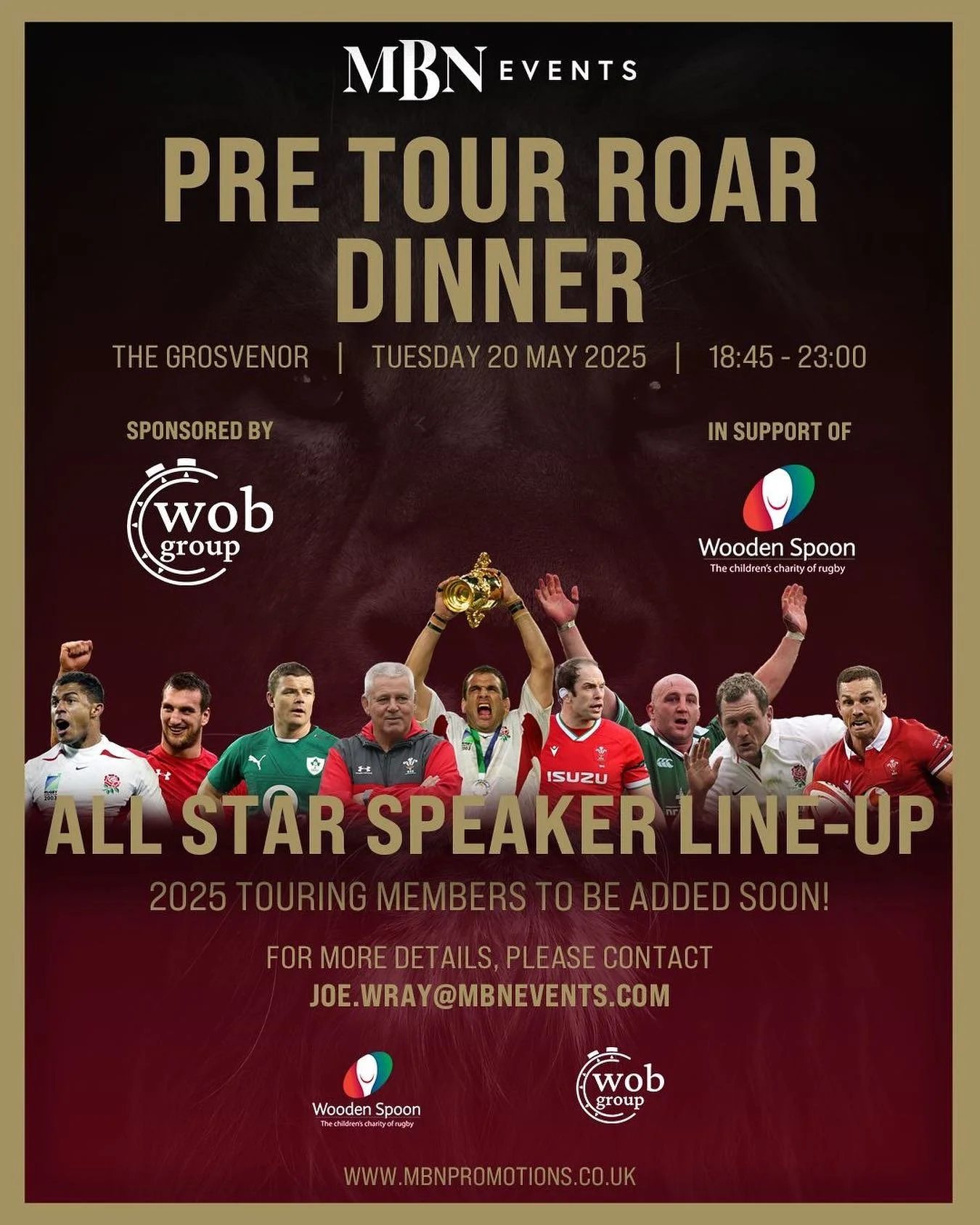 If Carlsberg did Rugby dinners, they&rsquo;d probably be organised by MBN Events 😉🦁

Our Pre Tour Roar Dinner on the 20th May features one of the best line-ups we&rsquo;ve ever had 🤩

Taking place at the amazing @grosvenorhouselondon and all in ai
