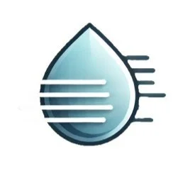 A stylized water droplet with horizontal lines and motion lines indicating speed or movement.