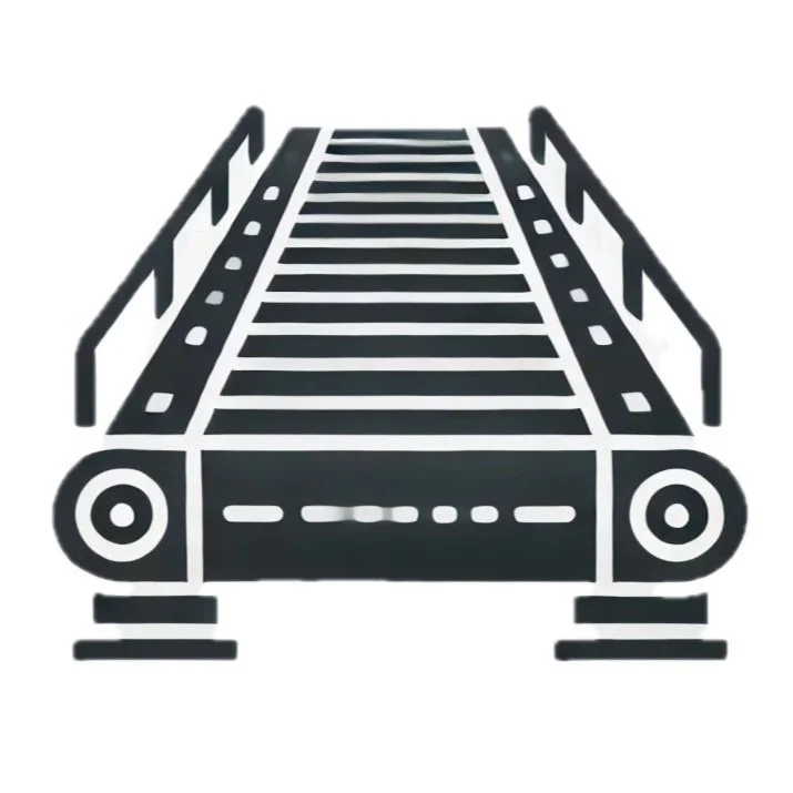Black and white illustration of a baggage conveyor belt with a track and rail design, seen from the front.