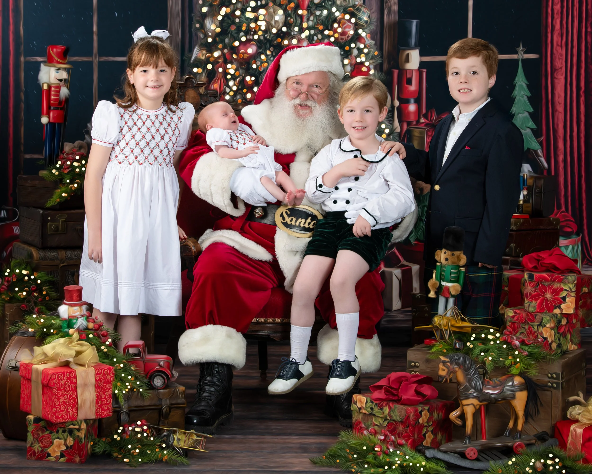 Children gathered around Santa Claus with Christmas decorations, gifts, and a decorated Christmas tree in the background.