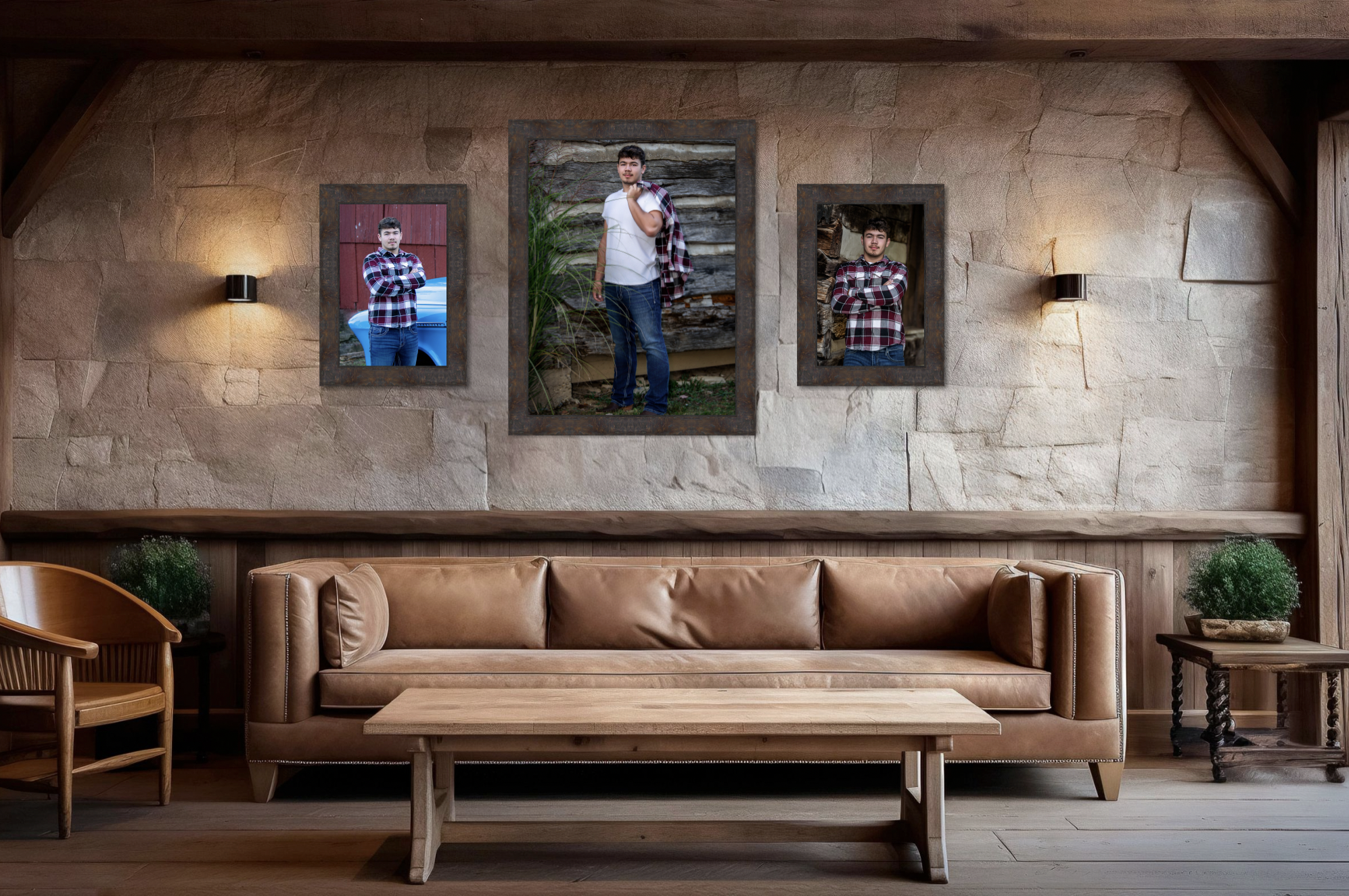 Living room with beige leather sofa, wooden coffee table, side tables with potted plants, stone wall with three framed photos of a man in plaid shirt, and two wall sconces.