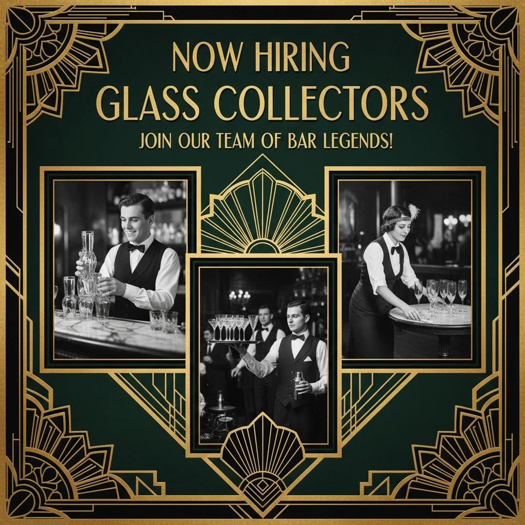 Advertisement for hiring glass collectors featuring vintage-style photos of bartenders and waitstaff preparing and serving drinks, framed with art deco gold and green design elements.