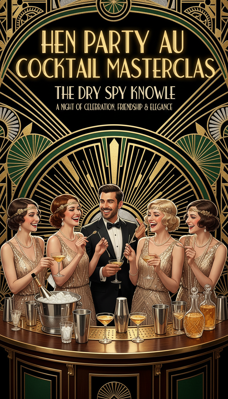 A vintage-style art deco party scene with five well-dressed people, four women in gold dresses and headbands, and one man in a tuxedo, gathered around a bar with cocktails and mixers, with an ornate gold and green art deco background. The text reads: "Hen Party Au Cocktail Masterclass: The Dry Spy Knowle - A Night of Celebration, Friendship & Elegance."