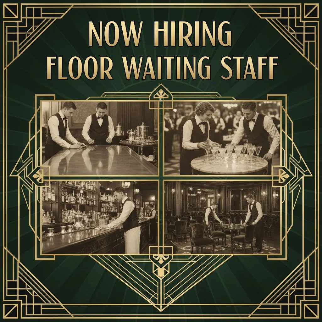 A vintage-style advertisement for hiring floor waiting staff, featuring four black-and-white photos of waitstaff preparing tables, serving drinks, and working at a bar and in a dining area.