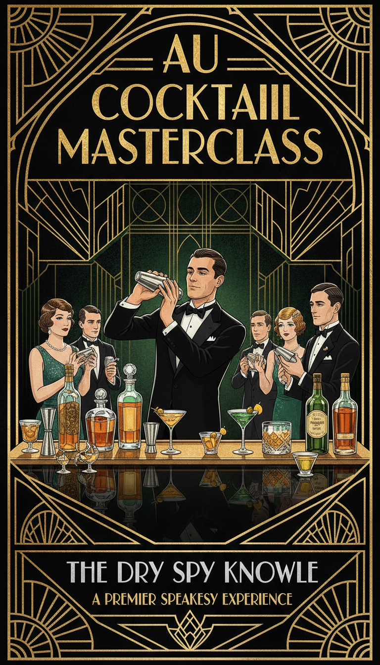 An illustrated 1920s-style cocktail masterclass poster with people dressed in vintage attire, a bartender preparing drinks, and various bottles and glasses on the bar, promoting a premium Speakeasy experience.