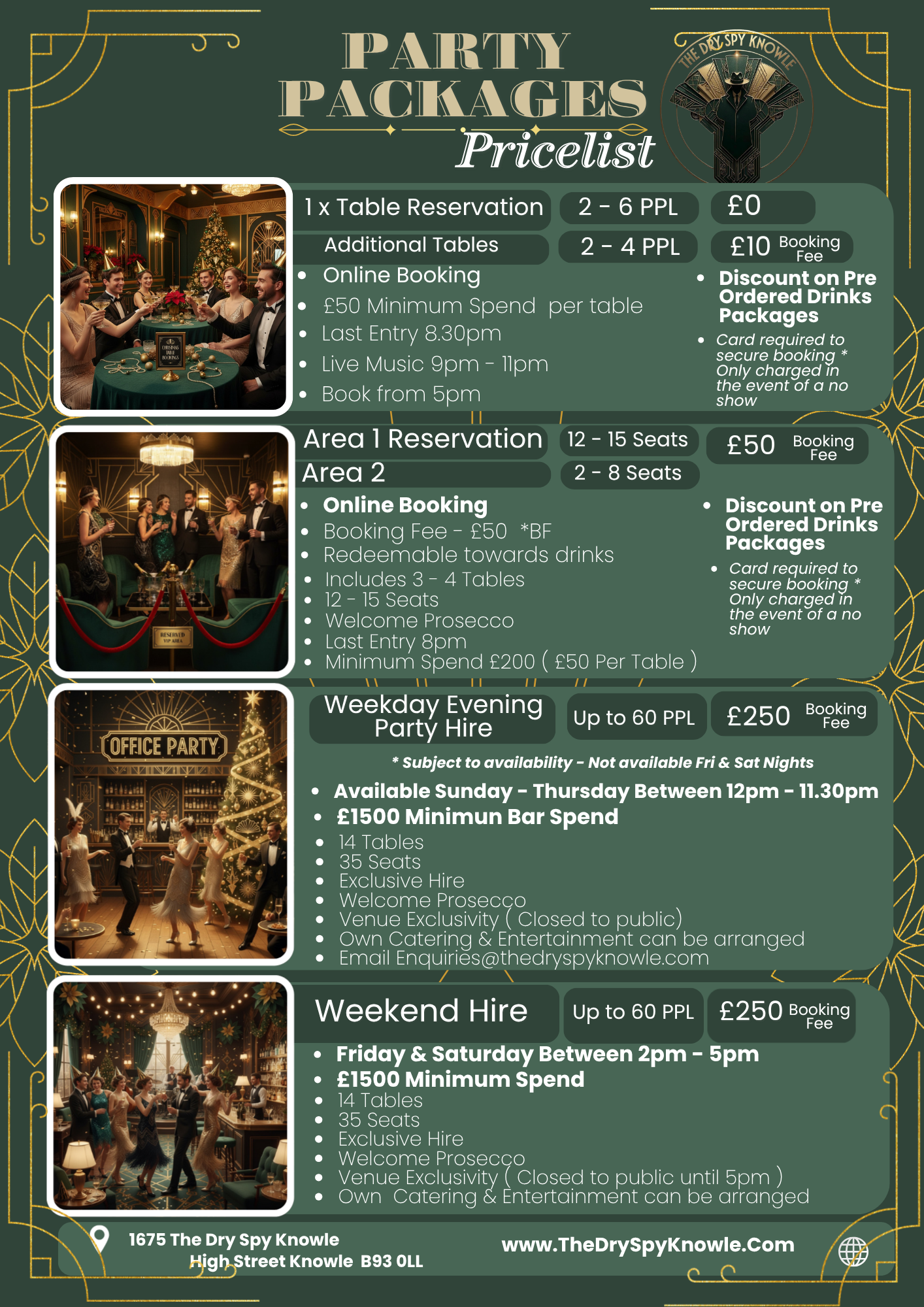 A promotional flyer for party packages at The Dry Spy Knowle, featuring details for table reservations, area reservations, and event hire options with prices, booking fees, and conditions, including images of people celebrating and dancing in festive settings.