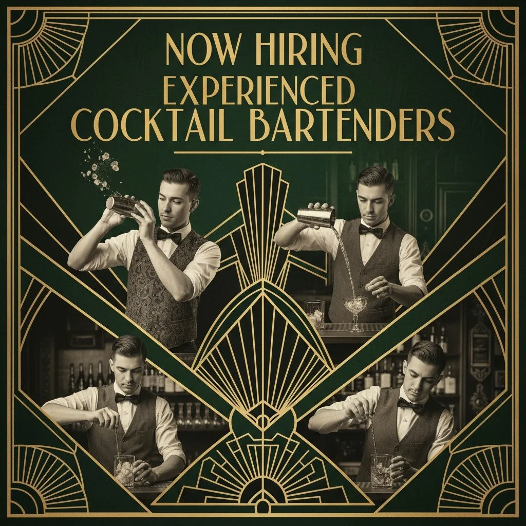 A vintage-style poster advertising for experienced cocktail bartenders with four images of a bartender preparing drinks, set against a dark green background with gold geometric art deco elements.