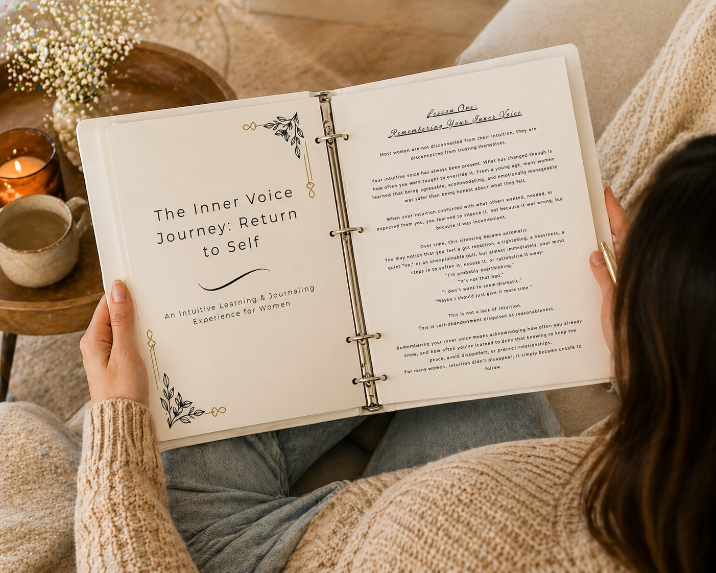 Woman sitting looking through binder