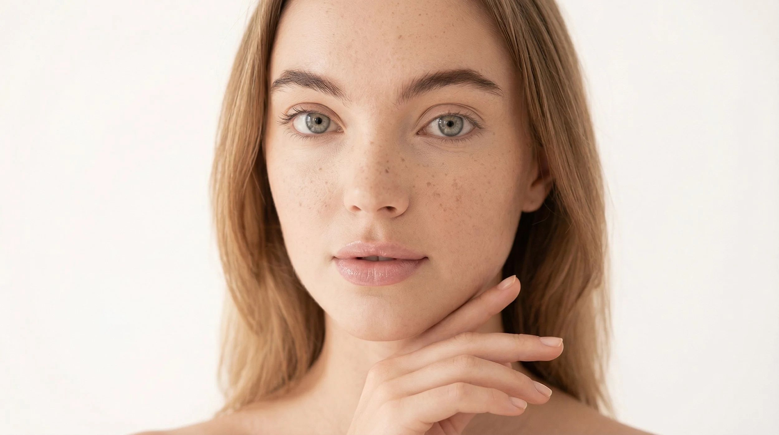Portrait d'une jeune femme aux cheveux châtains, peau claire, avec des taches de rousseur, regardant directement l'objectif, main sous le menton, fond blanc.