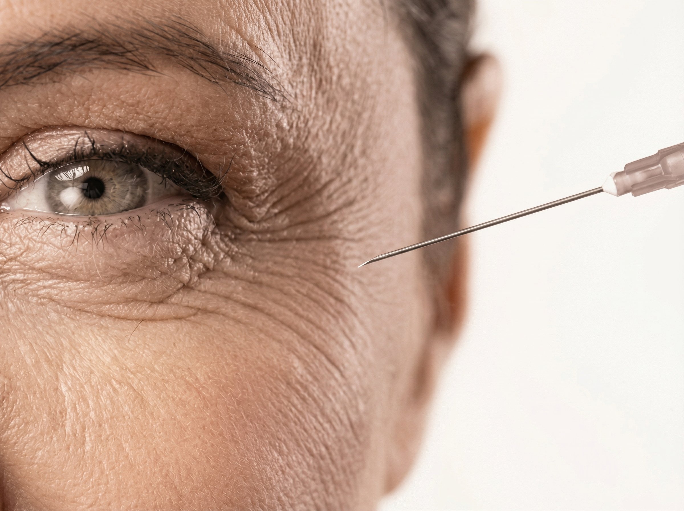 Une personne reçoit une injection dans le coin de l'œil, avec un regard en gros plan sur le visage et la peau ridée autour de l'œil.