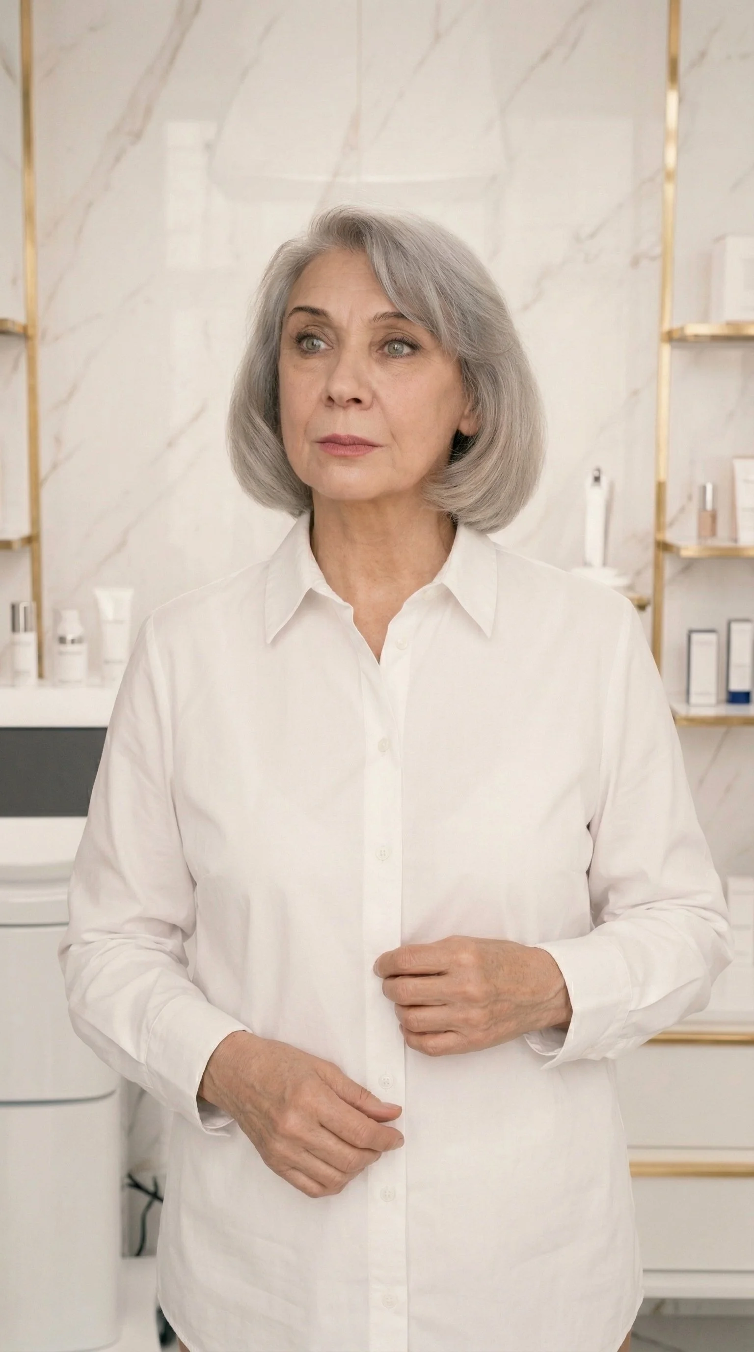 Une femme âgée avec des cheveux gris, portant une chemise blanche, se tient dans une salle de bain avec des étagères en or et une surface en marbre.