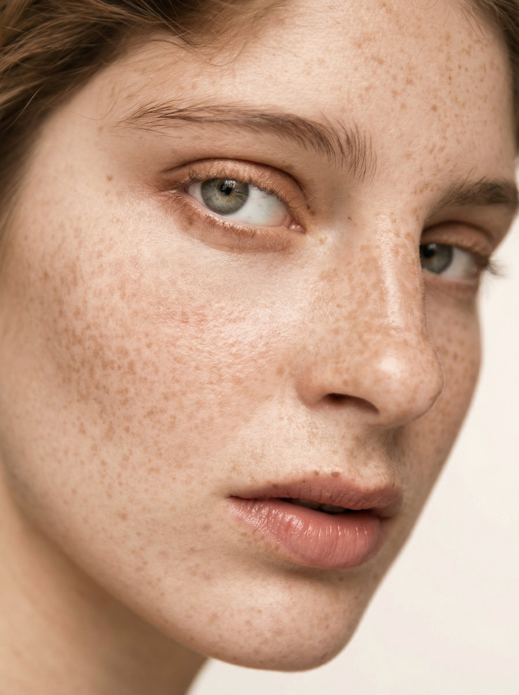Close-up d'un visage de jeune femme avec peau claire, tachetée de tâches de rousseur, yeux bleus, sourcils fins, lèvres naturelles et cheveux bruns.