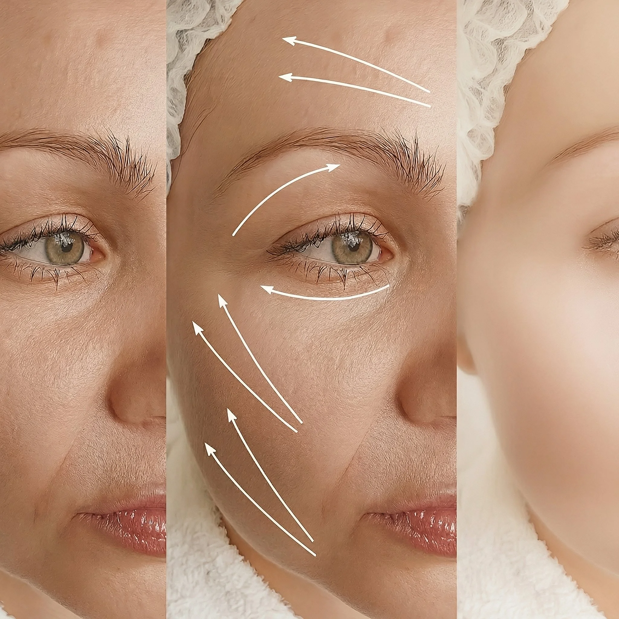 Processus de massage du visage illustré avec des flèches montrant les directions du geste, montrant trois étapes avec une première étape, une étape intermédiaire avec des flèches indiquant le mouvement, et une dernière étape sans flèches.