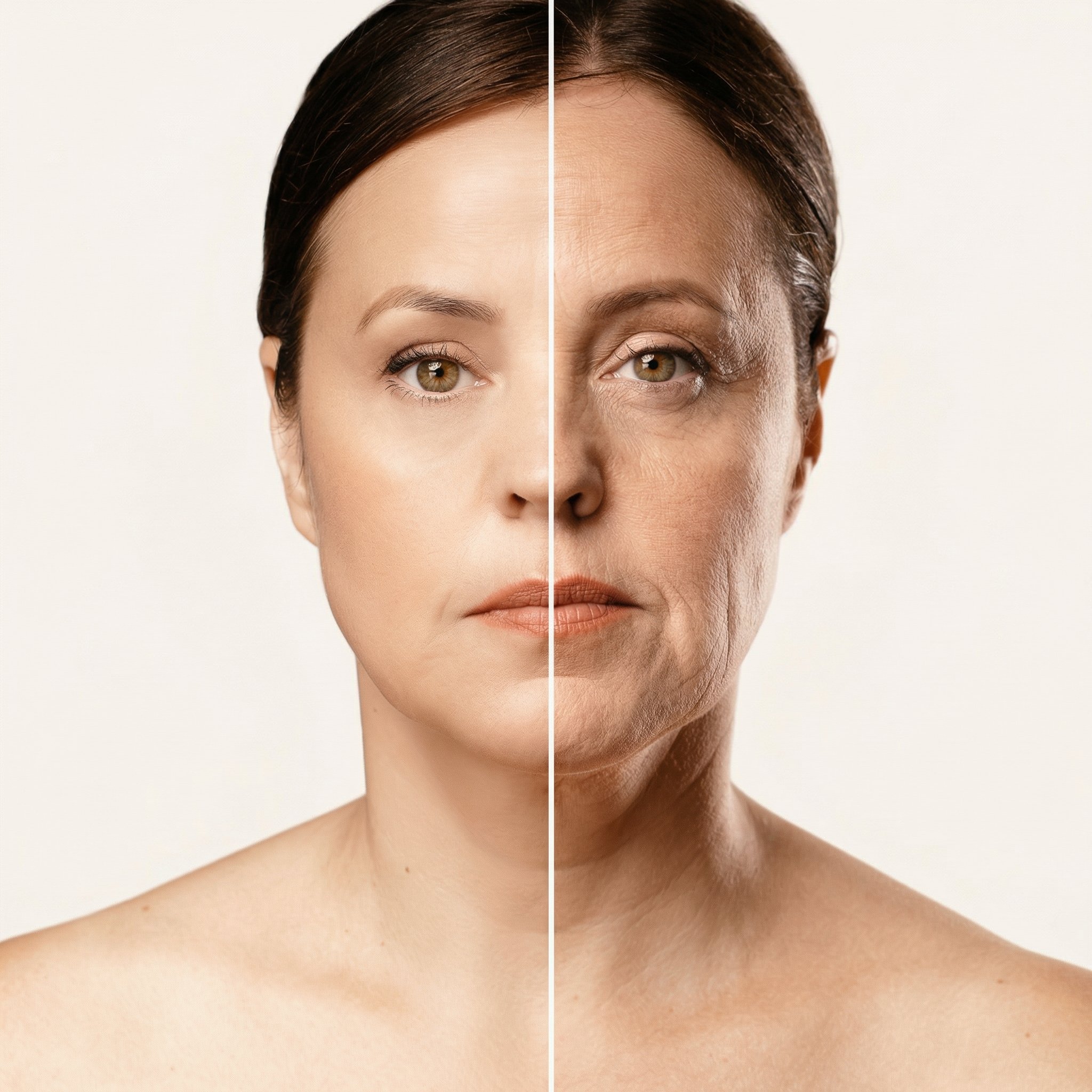 Une femme avec une moitié de visage jeune et l'autre âgée, montrant la différence de vieillissement.