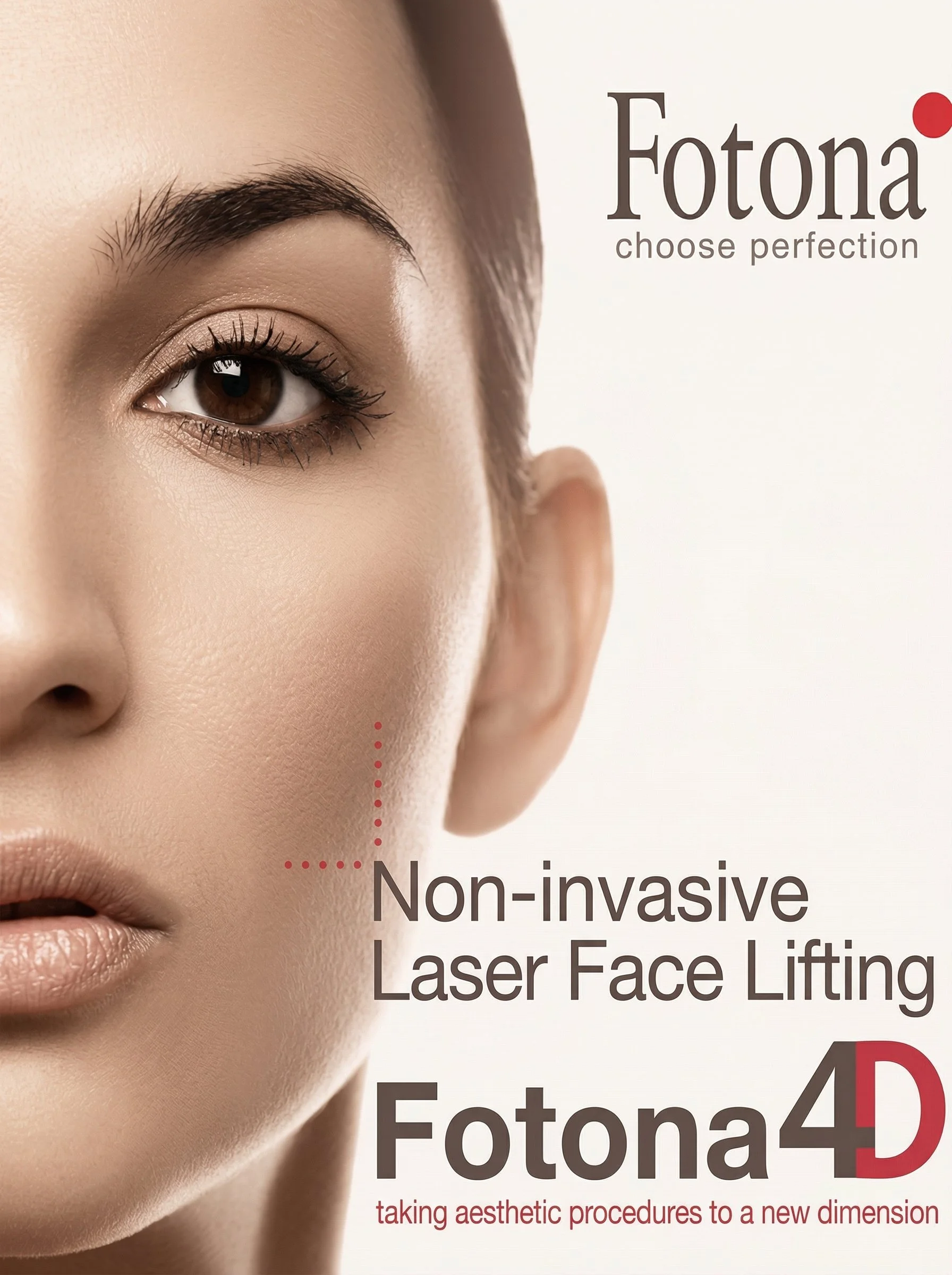 Une publicité mettant en avant une procédure esthétique non invasive de lifting du visage par laser, avec une photo d'un visage féminin partiel en gros plan, montrant la peau et une attention particulière à la zone centrale du visage.