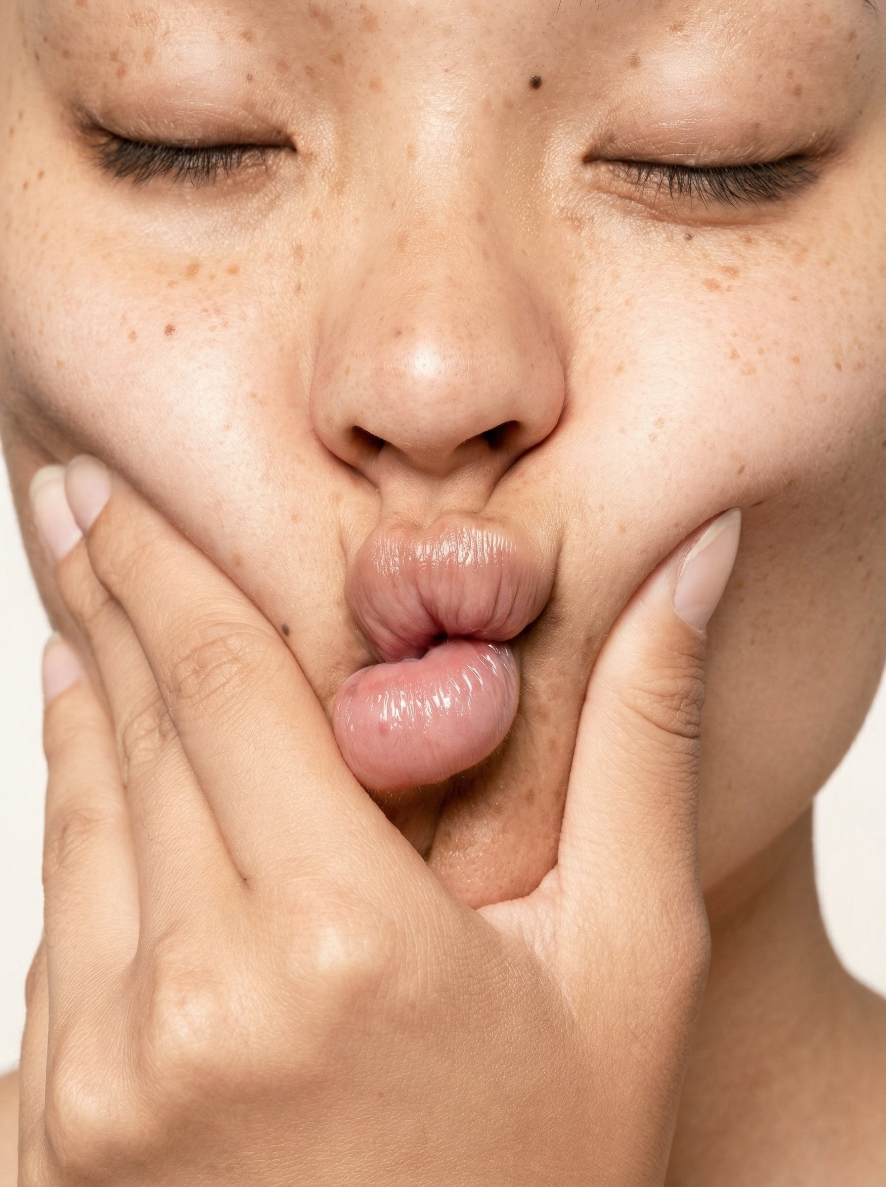 Premier plan d'une personne avec peau claire, les yeux fermés, faisant un geste de baiser en utilisant ses lèvres pulpeuses.