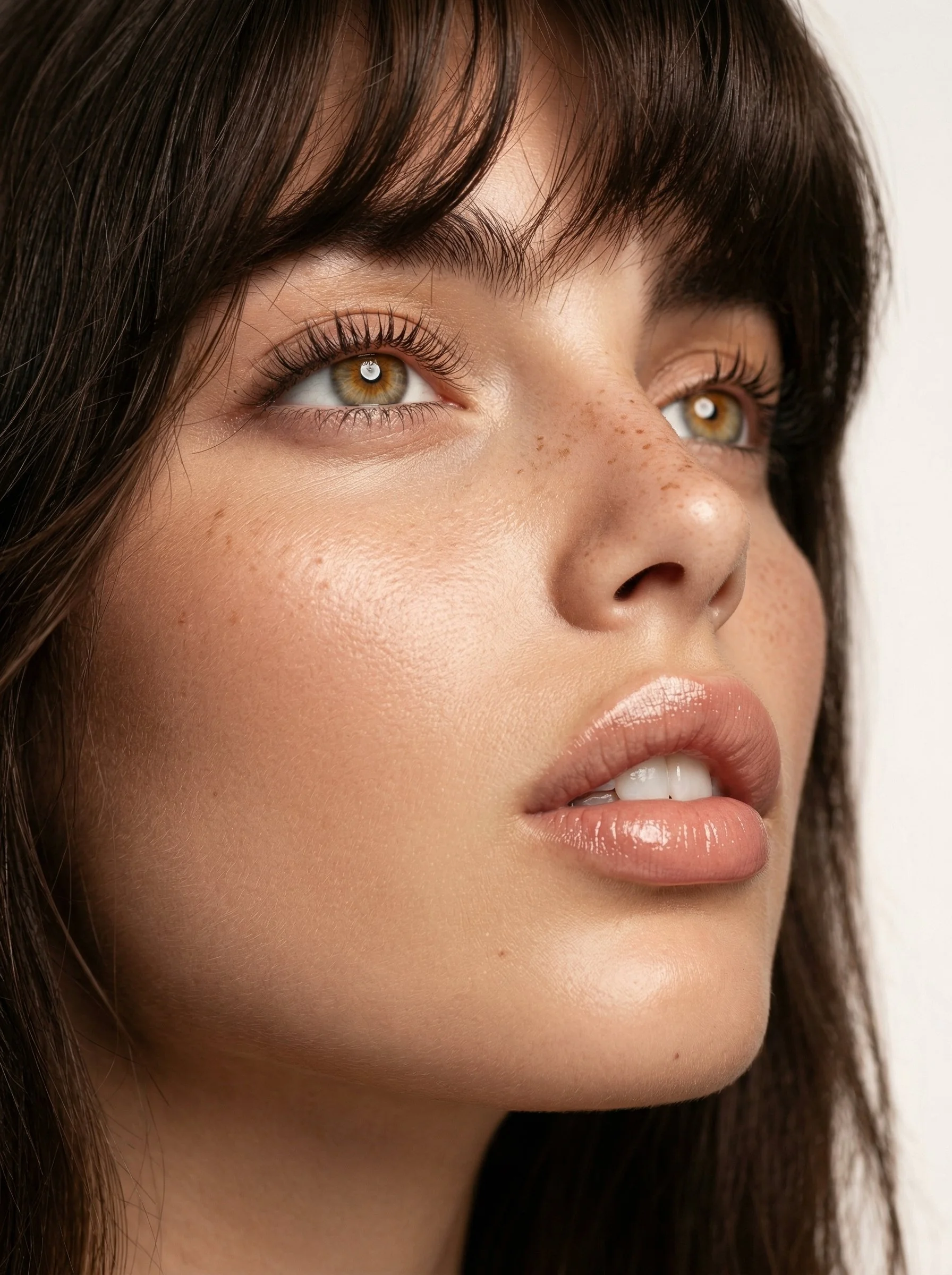 Portrait rapproché d'une femme avec des yeux marron, peau claire avec des taches de rousseur, lèvres légèrement ouvertes, cheveux bruns.