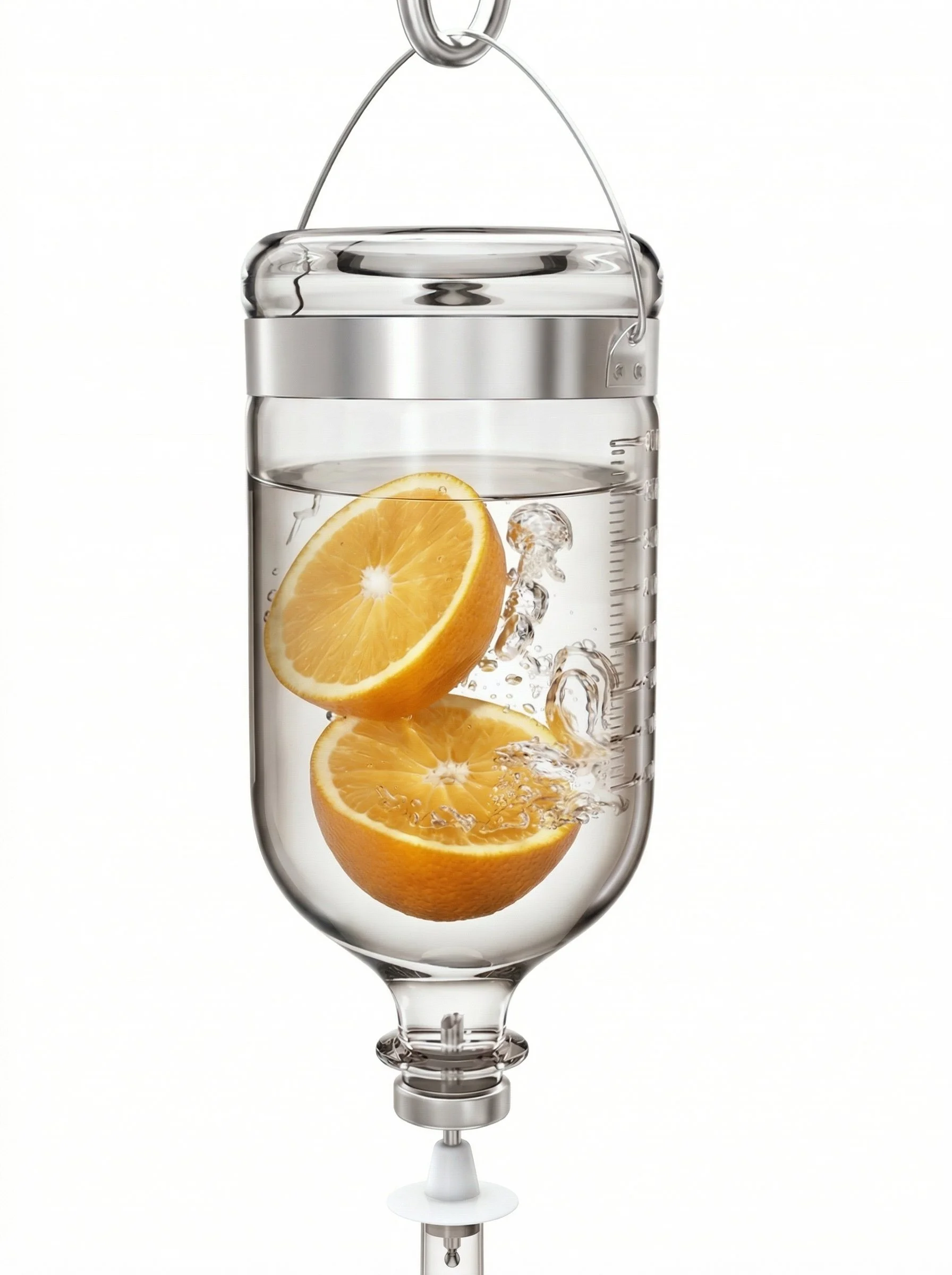 Deux tranches d'orange flottant dans un flacon médical rempli d'eau, avec des bulles d'air et un système de goutte-à-goutte suspendu au dessus.