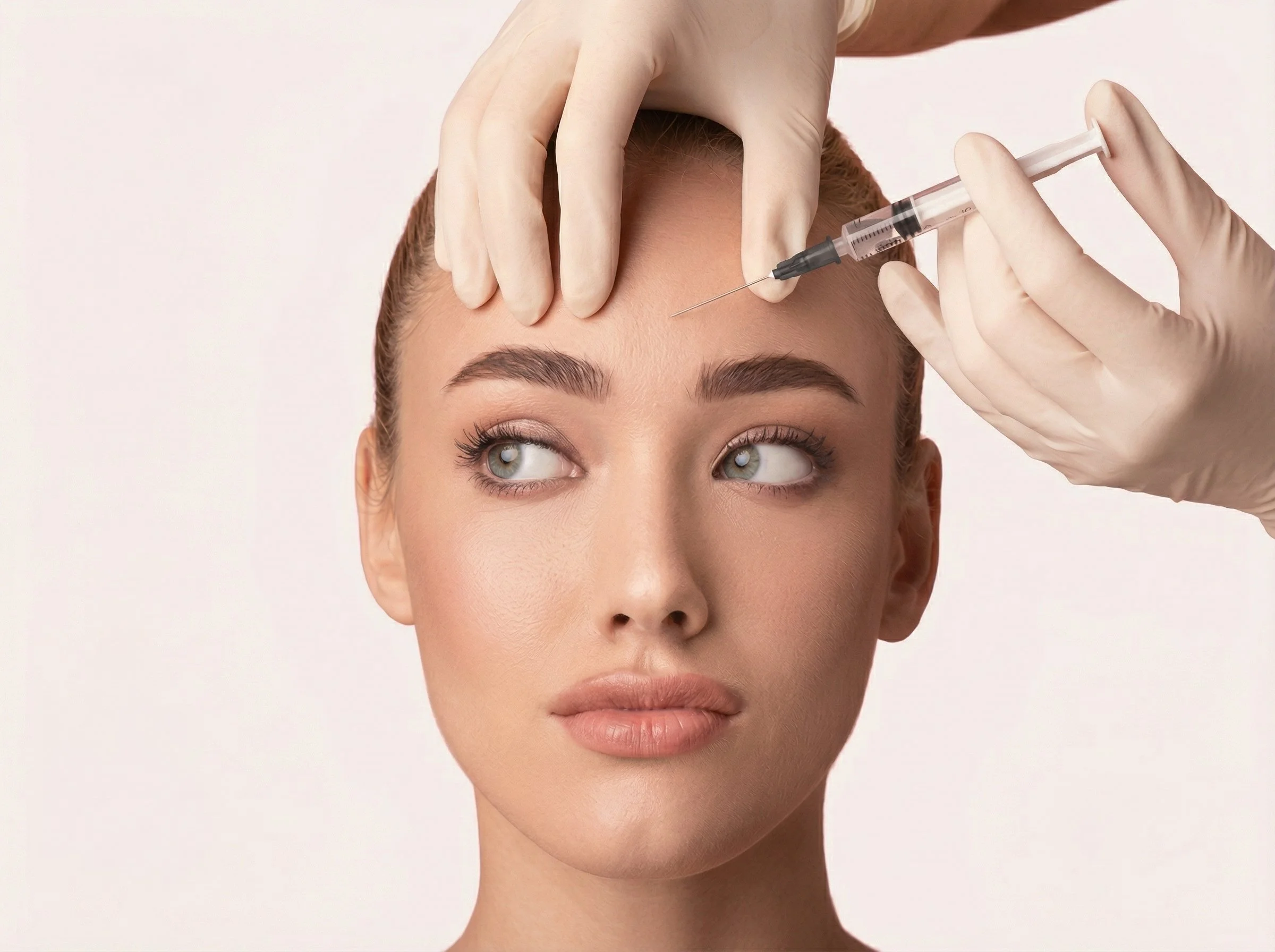 Une femme reçoit une injection dans le front, administrée par une main portant un gant en latex, dans un environnement médical.