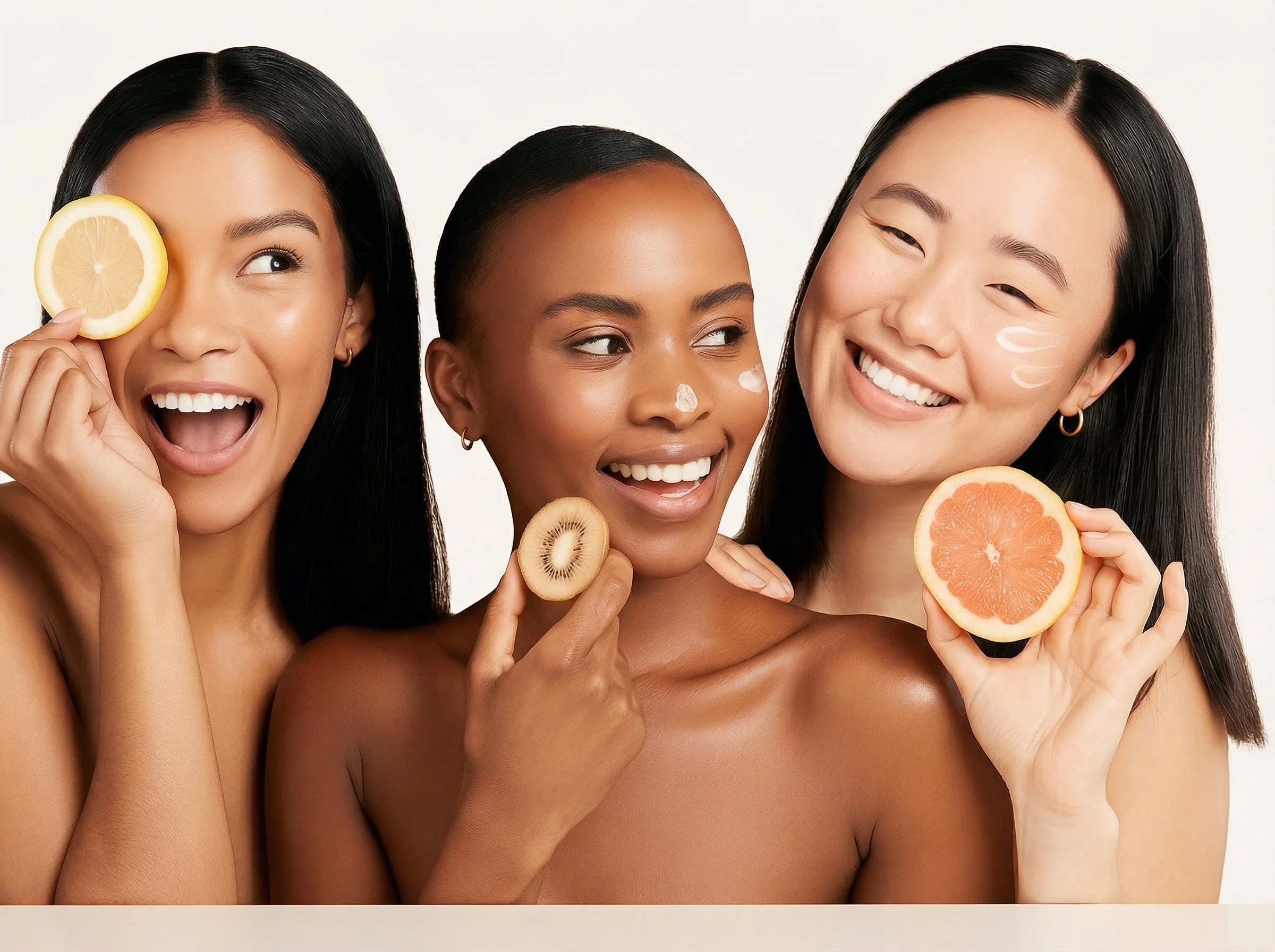 Trois femmes de différentes origines ethniques tenant des fruits coupés (citron, kiwi, pamplemousse) et souriant.