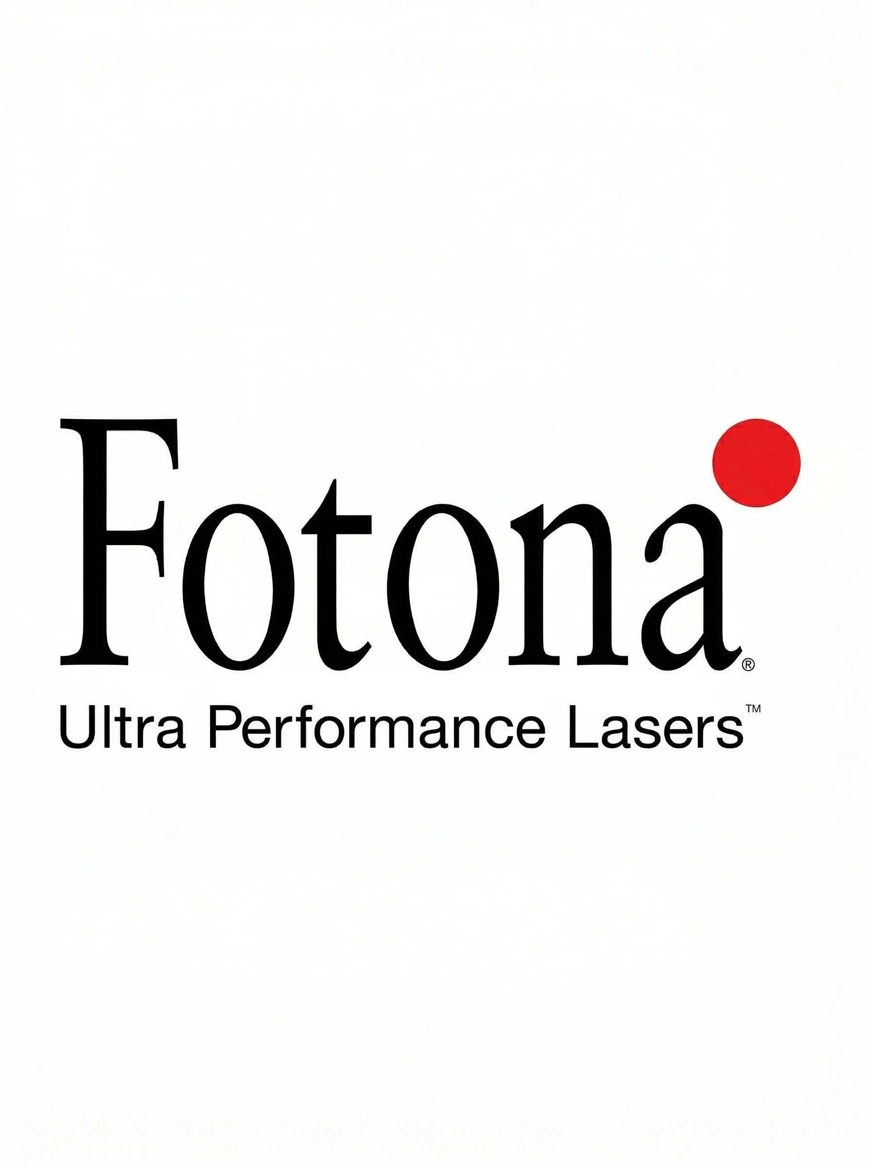 Logo de Fotona, marque de lasers haute performance, avec texte noir et un point rouge en haut à droite, sur un fond blanc.