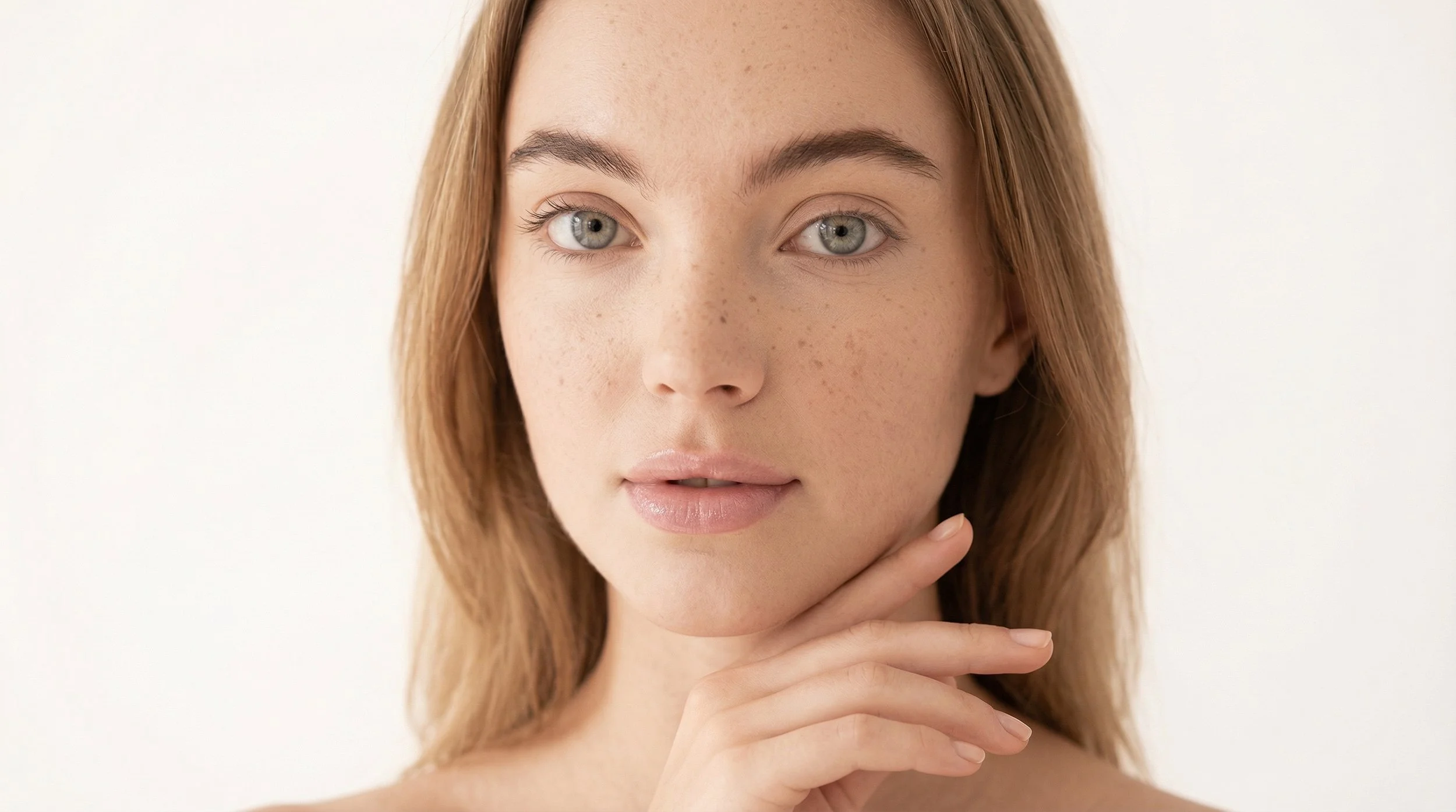 Gros plan d'une femme avec des cheveux roux, des taches de rousseur, et des yeux bleus clair, posant sa main sous son menton contre un fond blanc.