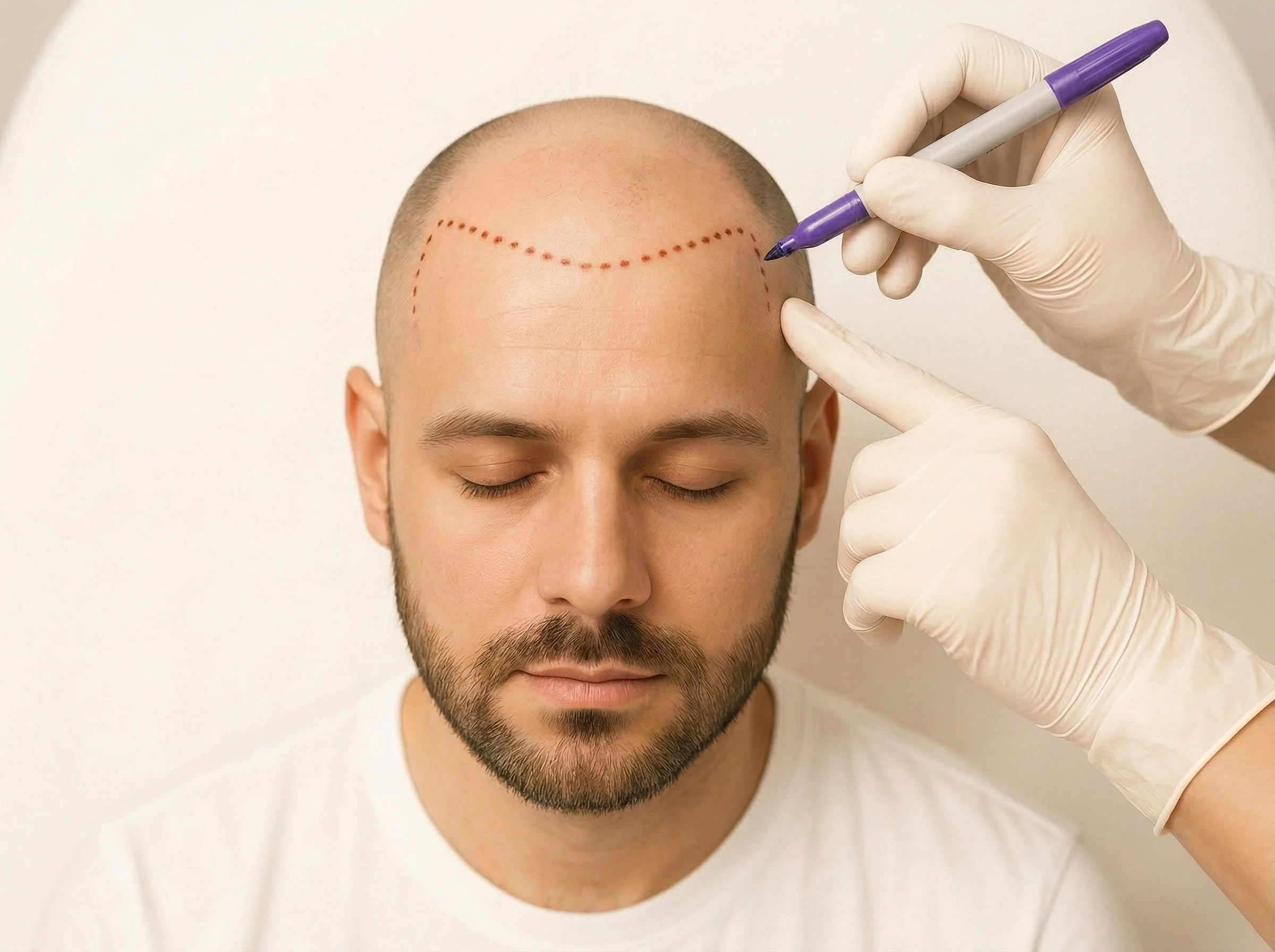 Un homme avec la tête rasée, yeux fermés, lors d'une consultation pour une greffe de cheveux, avec des marques pointillées sur le pourtour de la tête tracées par une personne portant des gants en latex, utilisant un stylo à pointe violette pour faire des annotations.