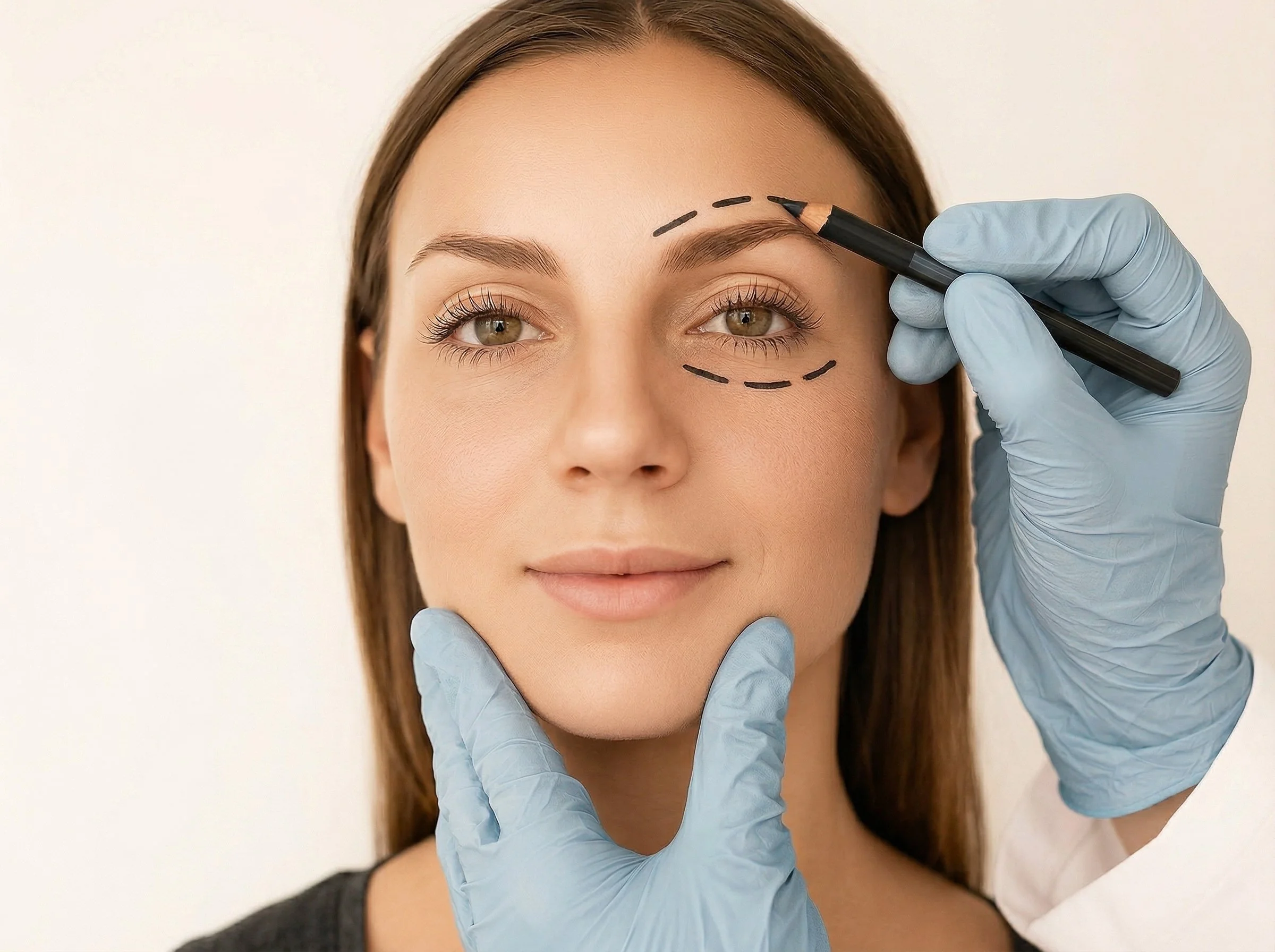 Une femme se prépare pour une intervention esthétique du visage, avec des marques tracées autour de l'œil et du sourcil, un praticien portant des gants examine son visage.