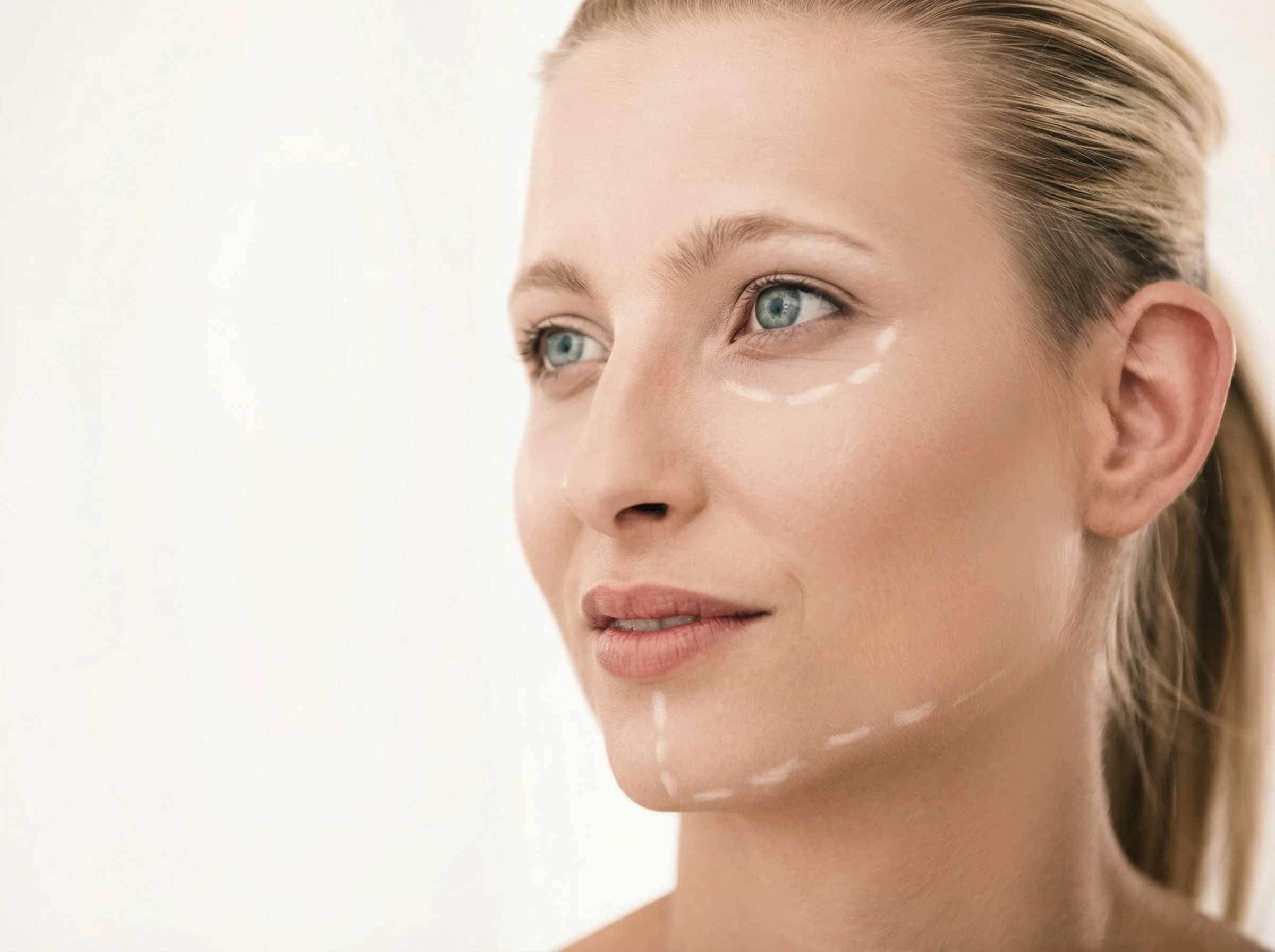 Une femme regarde vers la gauche avec des marques de maquillage ou de chirurgie sur le visage, notamment autour des yeux, du nez et du menton.