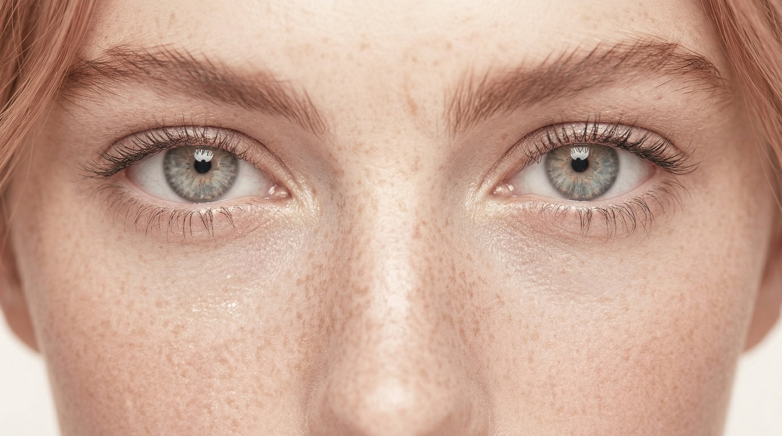 Zoom sur un visage féminin montrant des yeux bleus et des pores de peau visibles, avec des sourcils naturels et légèrement pigmentés.