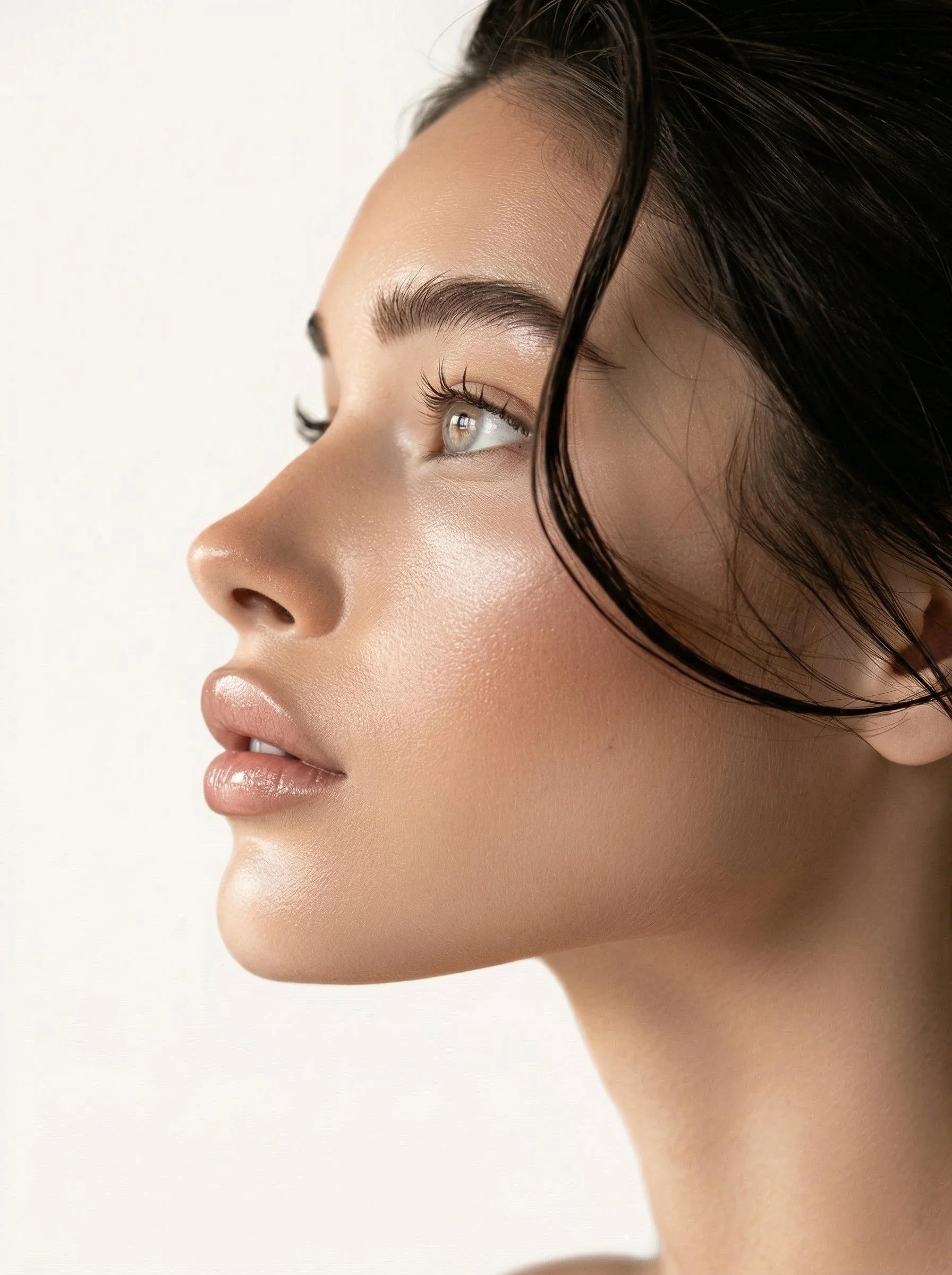 Portrait d'une jeune femme avec peau claire, yeux clairs, lèvres pulpeuses, cheveux humides, regardant vers la gauche, fond clair.