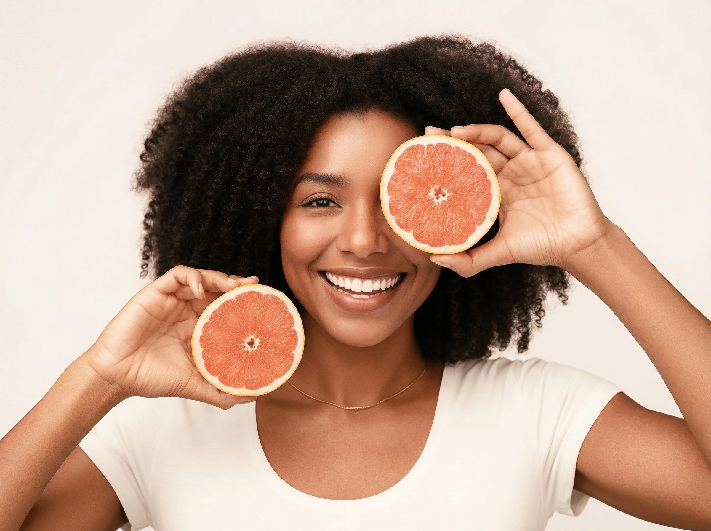 Une femme souriante tient deux moitiés de pamplemousse, une devant chaque œil.