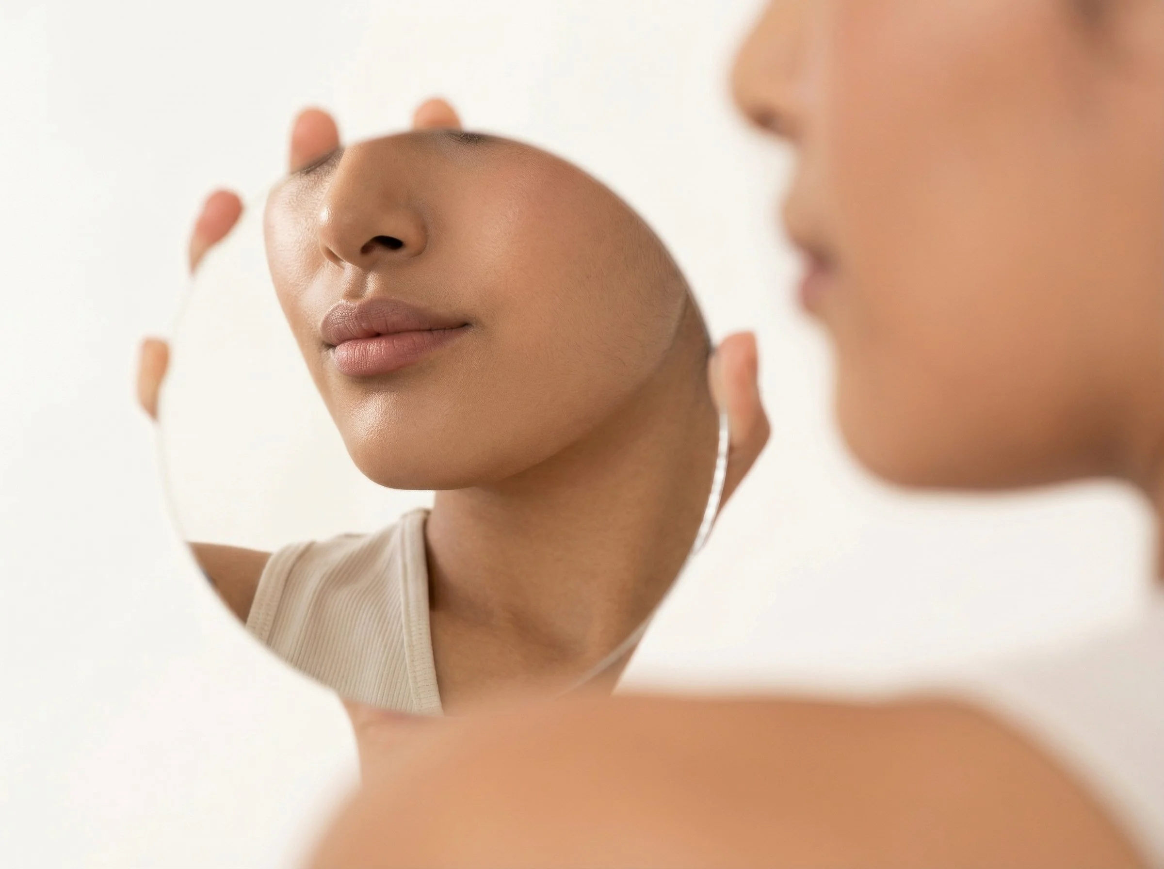 Une femme regarde son reflet dans un miroir, mettant en évidence sa peau claire et ses lèvres naturelles.
