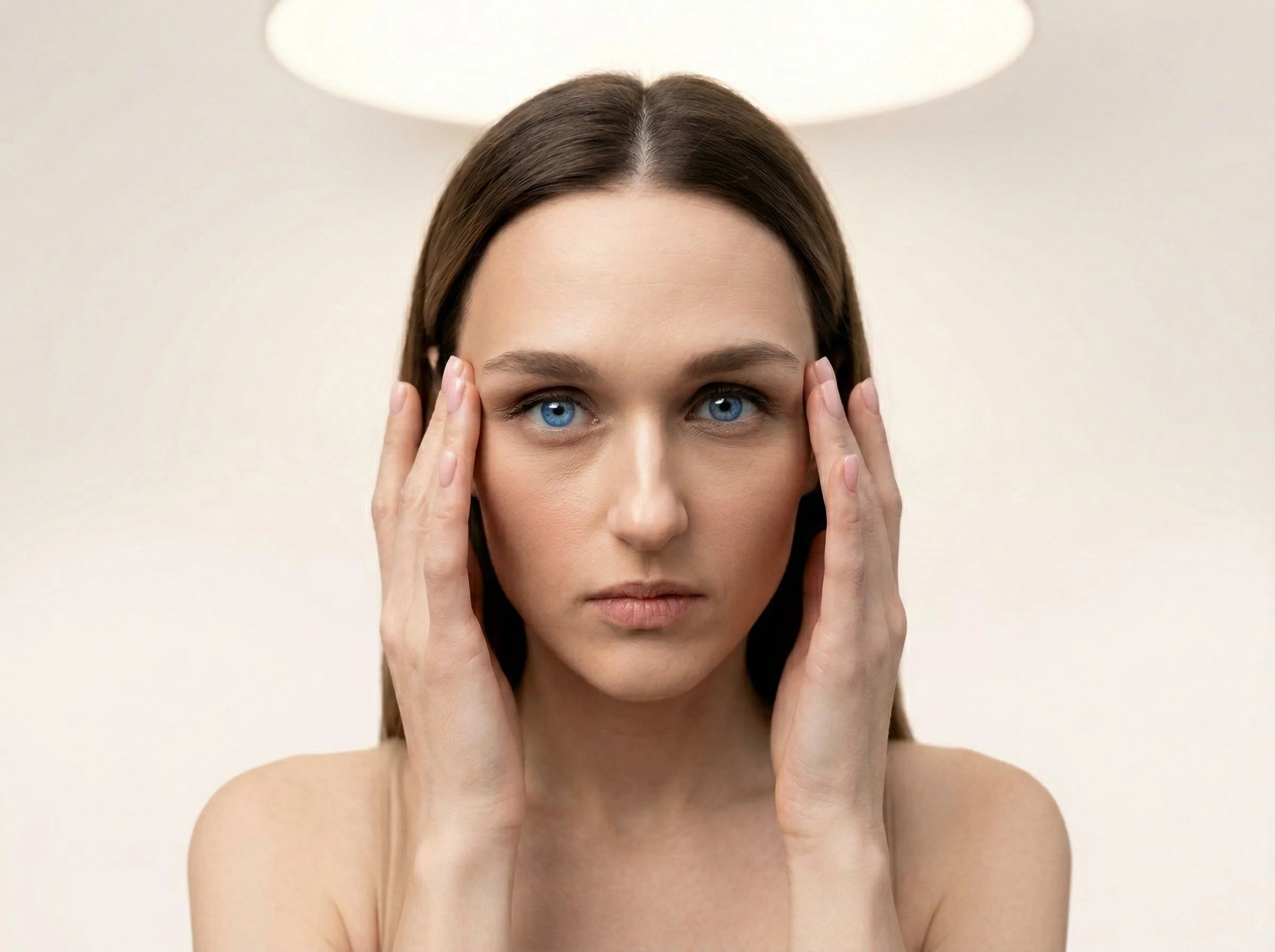 Une femme aux yeux bleus touche ses tempes avec ses mains dans un éclairage doux.