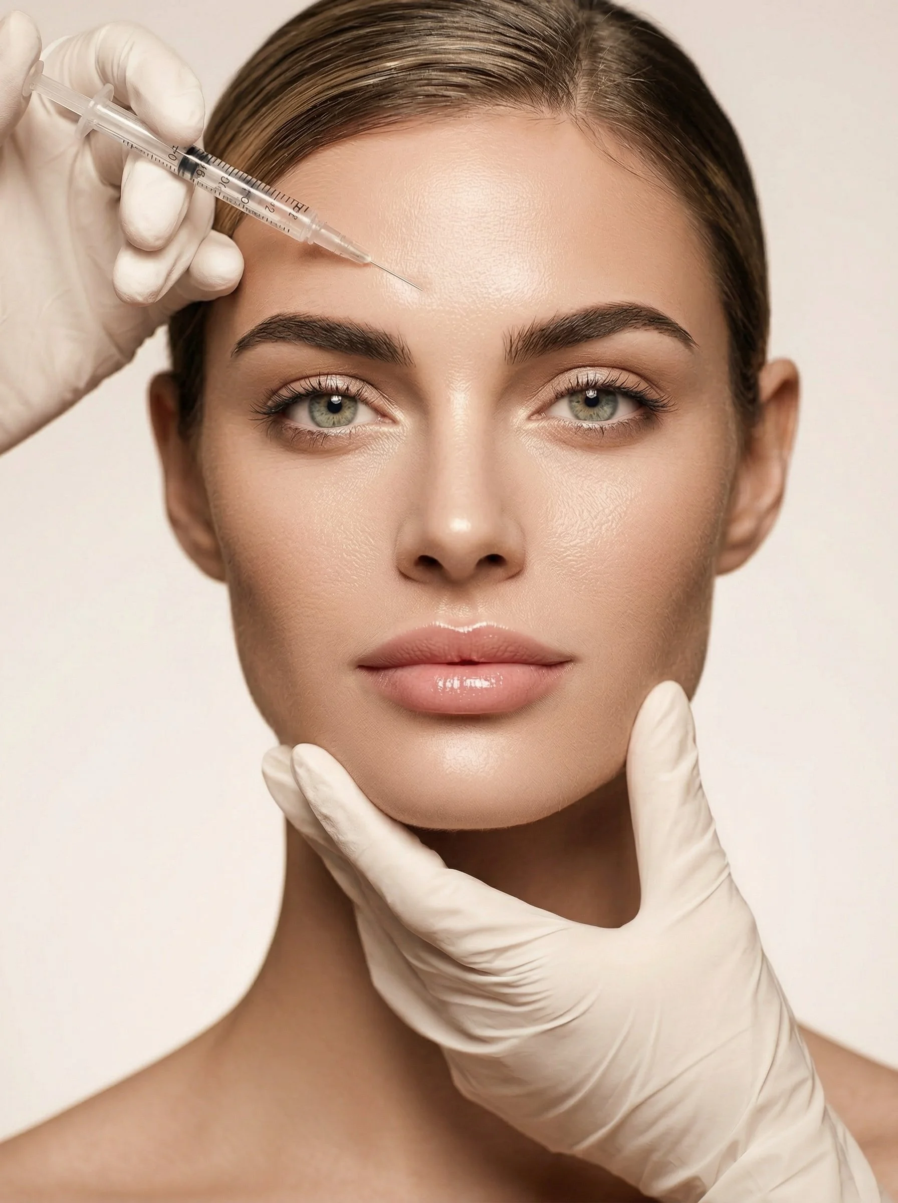 Une femme reçoit une injection sous la peau au niveau de son front, le visage est préparé pour une procédure esthétique, avec des mains gantées tenant la peau et une seringue contenant un liquide injectable.