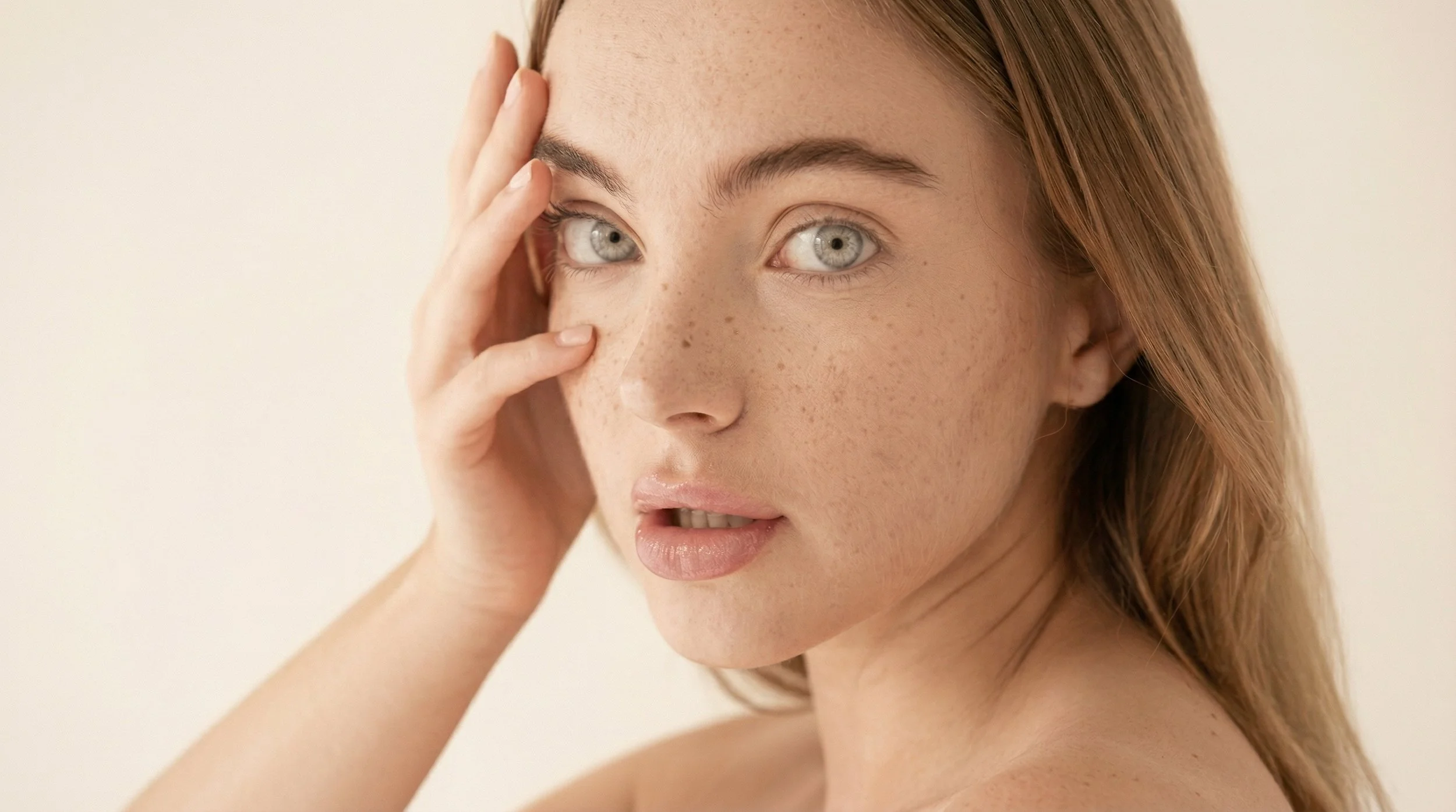 Femme aux cheveux roux, regardant la caméra, touchant son visage avec sa main gauche.