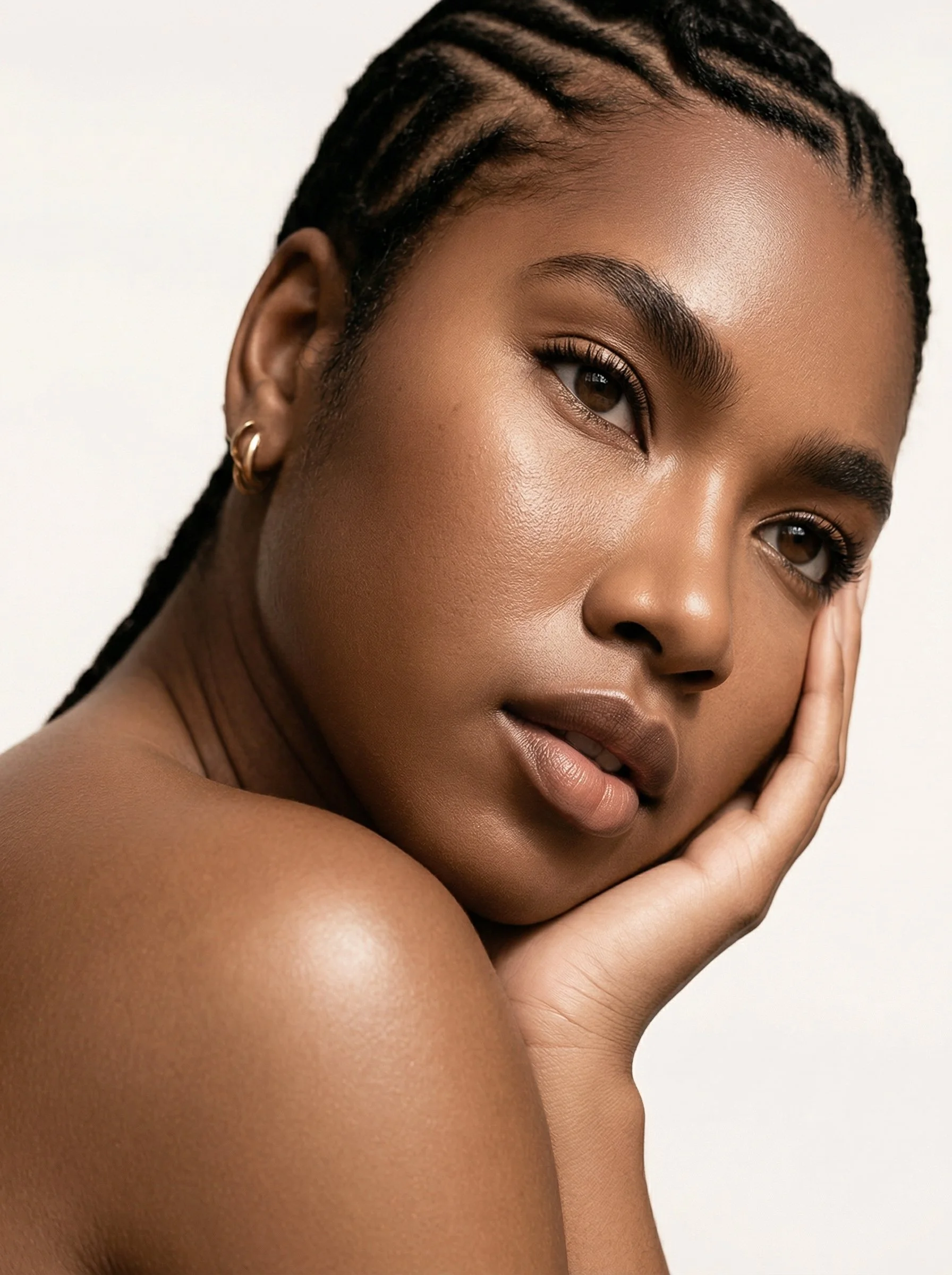 Portrait d'une femme avec la peau foncée, des cheveux en tresses, portant de petites boucles d'oreilles dorées, touchant doucement son visage, dans un fond clair.